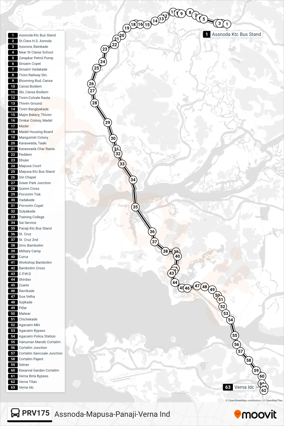 PRV175 bus Line (Assnoda-Mapusa-Panaji-Verna Ind) route and stops on a map