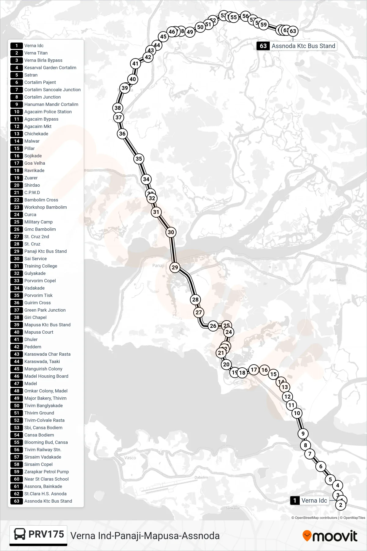 PRV175 bus Line (Verna Ind-Panaji-Mapusa-Assnoda) route and stops on a map