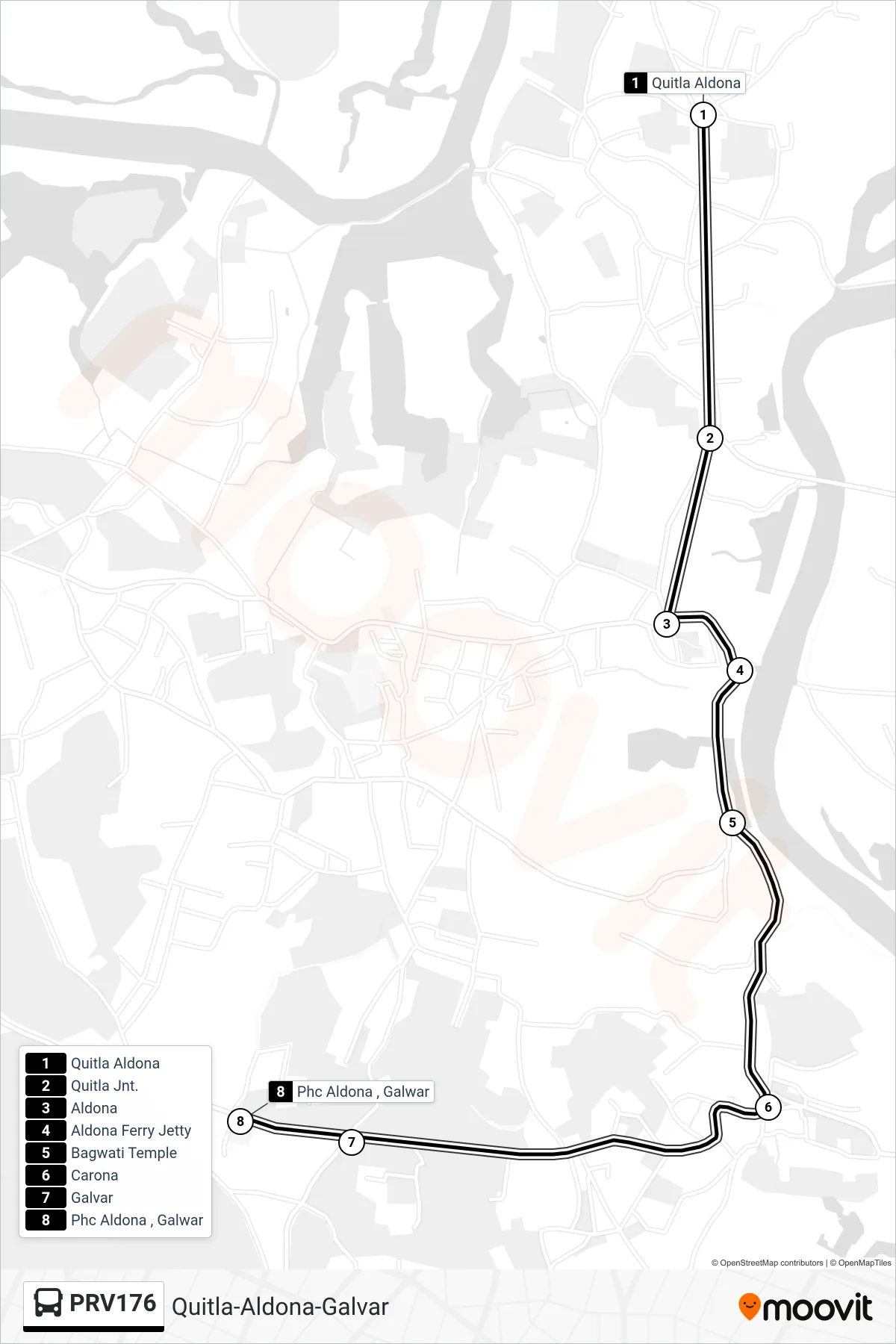 PRV176 bus Line (Quitla-Aldona-Galvar) route and stops on a map