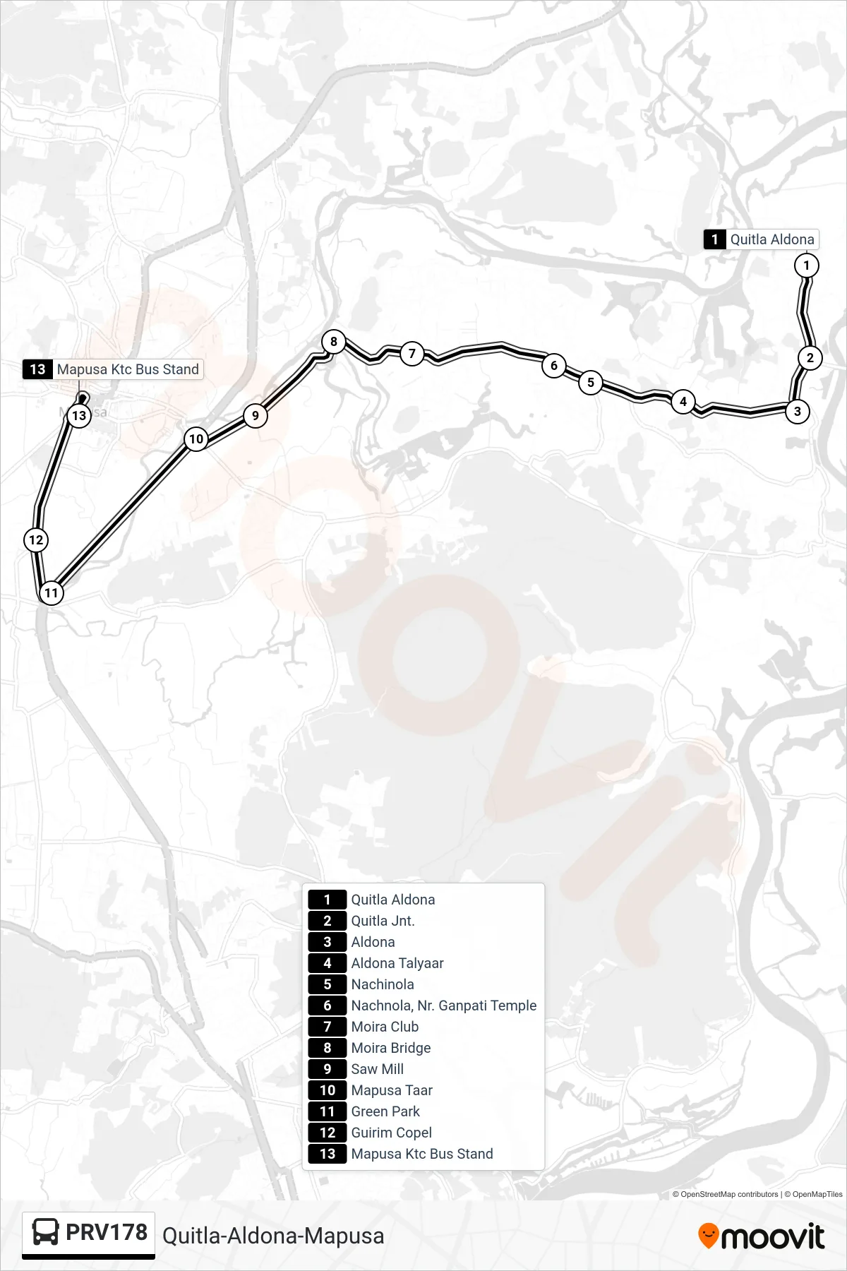 PRV178 bus Line (Quitla-Aldona-Mapusa) route and stops on a map