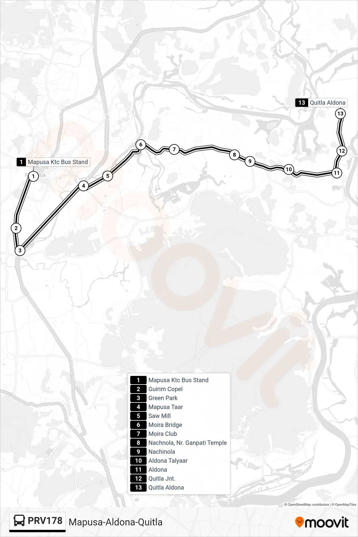 PRV178 bus Line (Mapusa-Aldona-Quitla) route and stops on a map