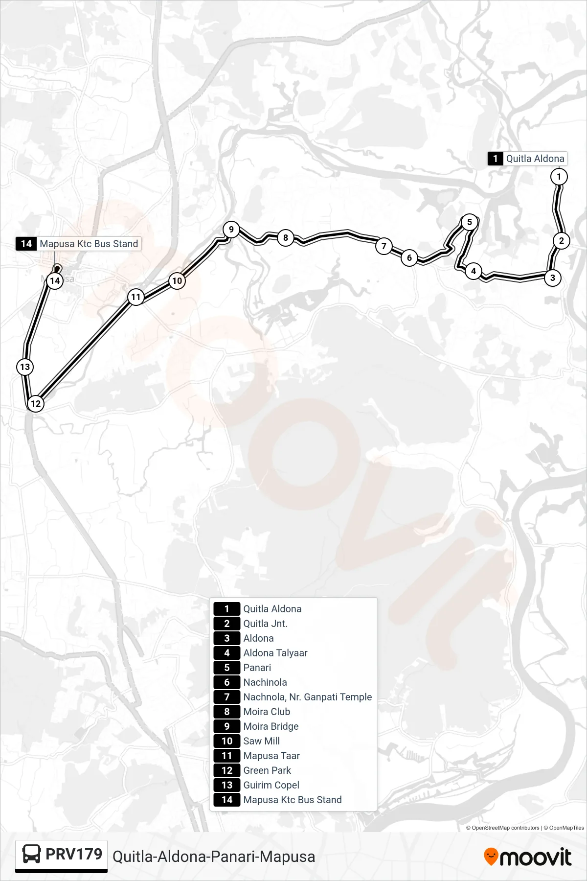 PRV179 bus Line (Quitla-Aldona-Panari-Mapusa) route and stops on a map