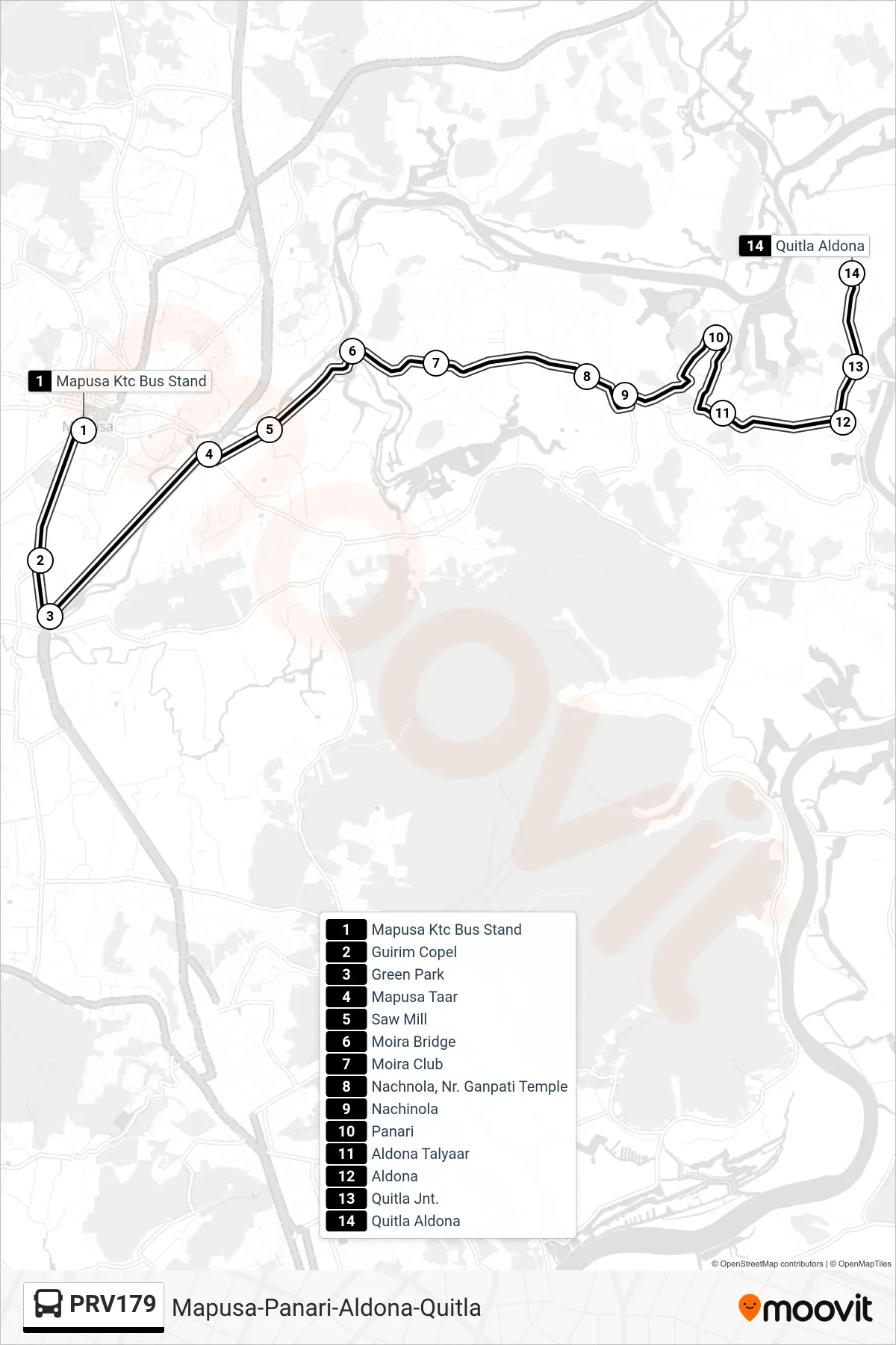 PRV179 bus Line (Mapusa-Panari-Aldona-Quitla) route and stops on a map