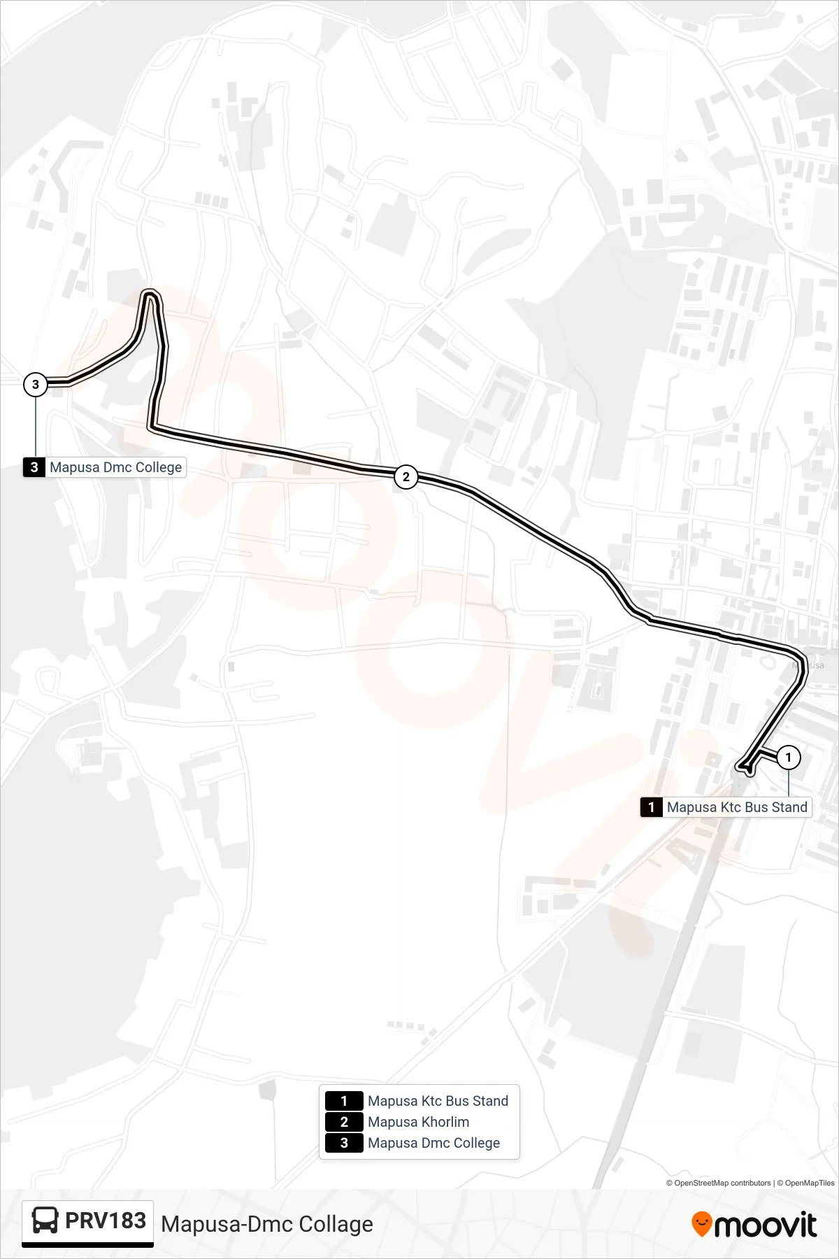PRV183 bus Line (Mapusa-Dmc Collage) route and stops on a map
