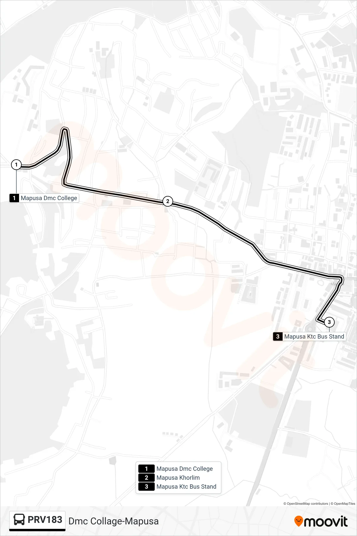 PRV183 bus Line (Dmc Collage-Mapusa) route and stops on a map