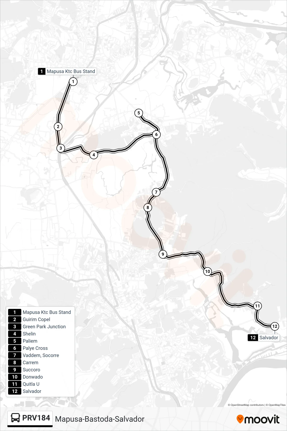 PRV184 bus Line (Mapusa-Bastoda-Salvador) route and stops on a map
