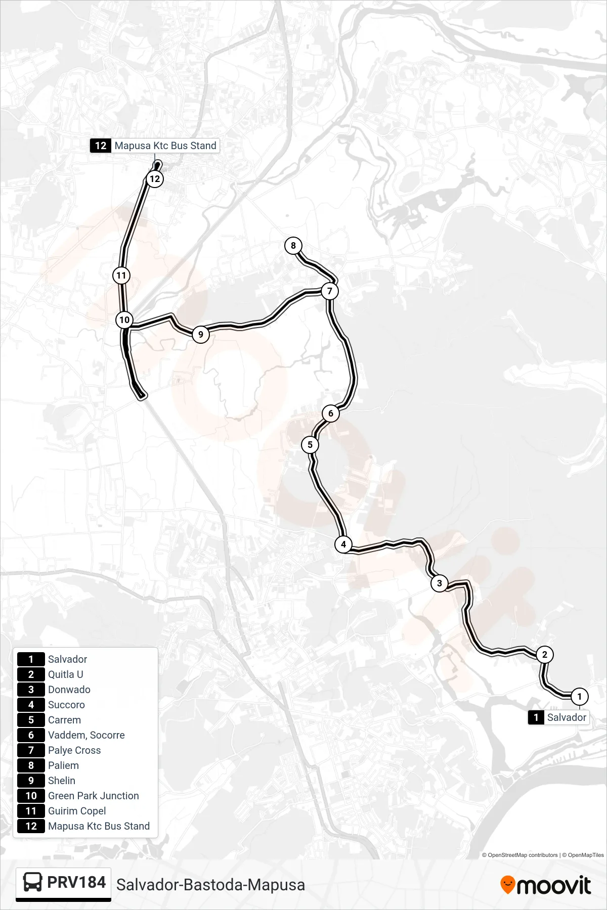 PRV184 bus Line (Salvador-Bastoda-Mapusa) route and stops on a map