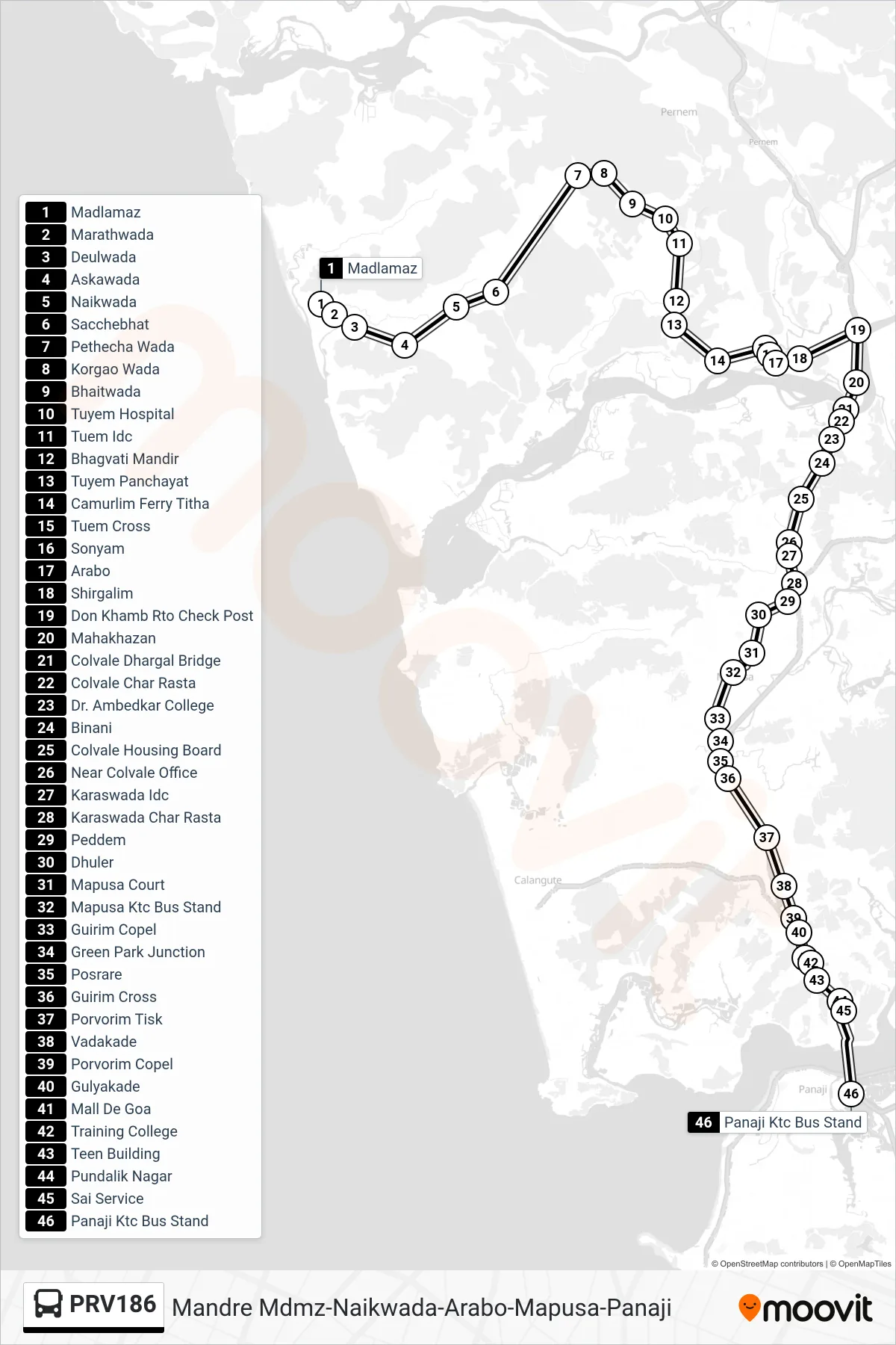 PRV186 bus Line (Mandre Mdmz-Naikwada-Arabo-Mapusa-Panaji) route and stops on a map