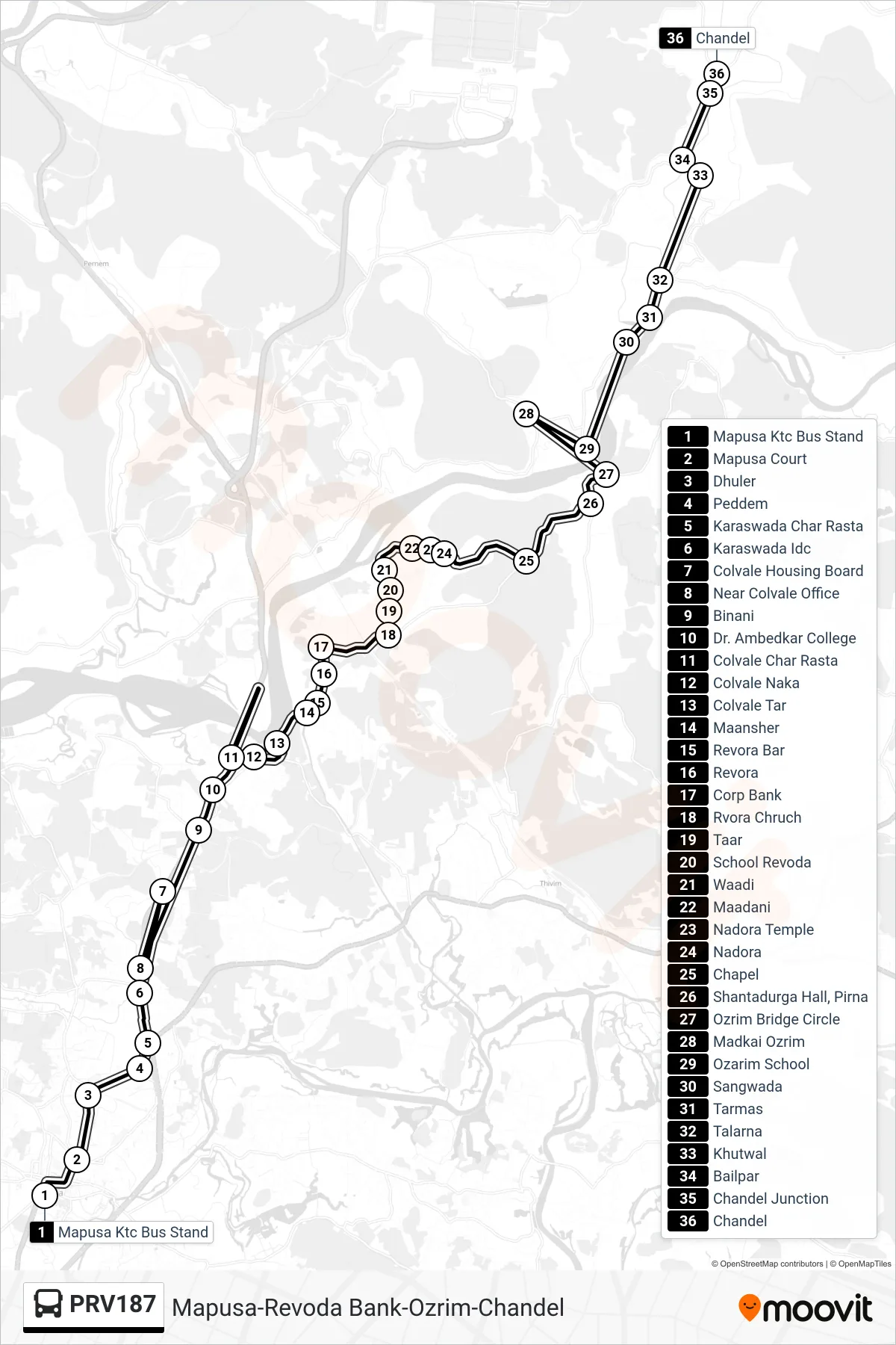 PRV187 bus Line (Mapusa-Revoda Bank-Ozrim-Chandel) route and stops on a map