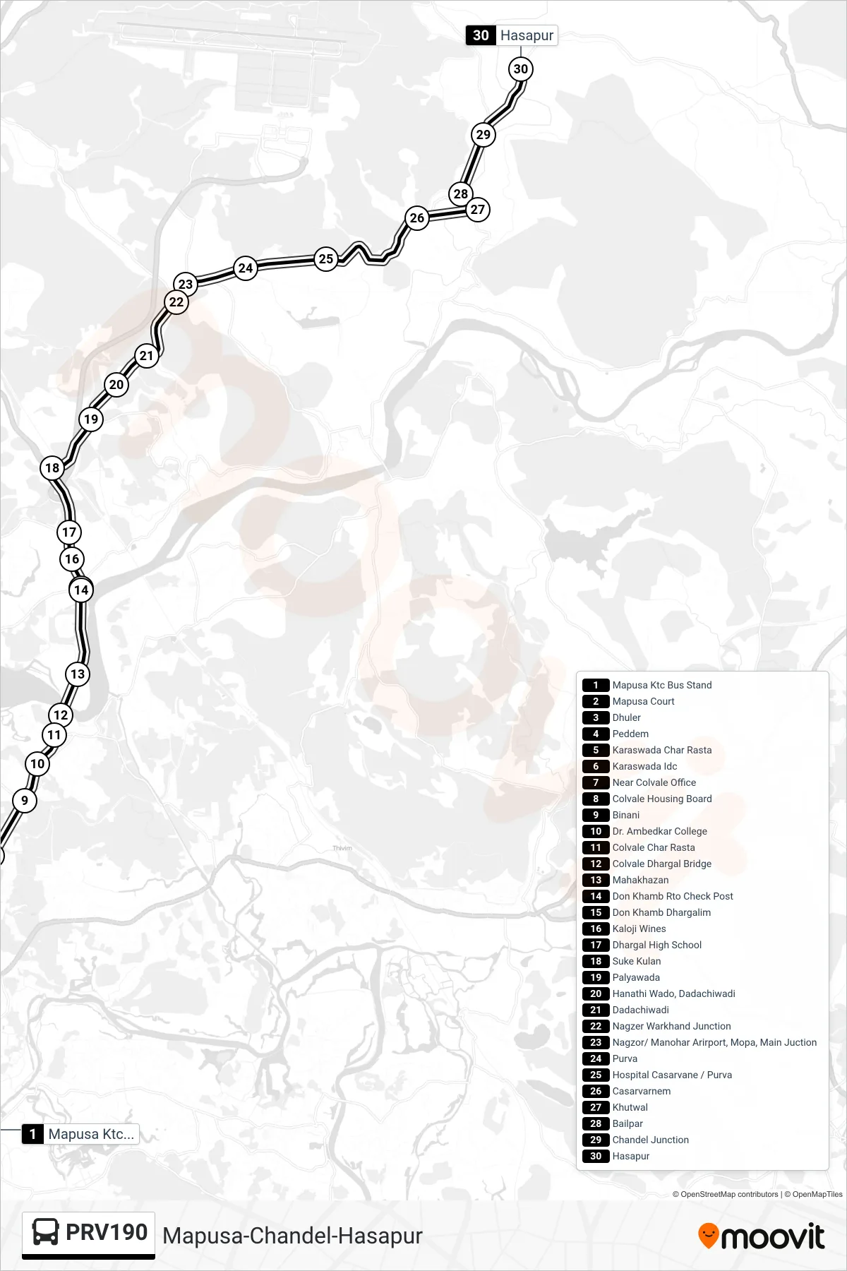 PRV190 bus Line (Mapusa-Chandel-Hasapur) route and stops on a map