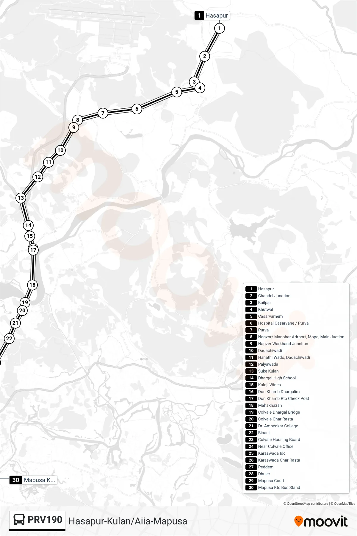 PRV190 bus Line (Hasapur-Kulan/Aiia-Mapusa) route and stops on a map