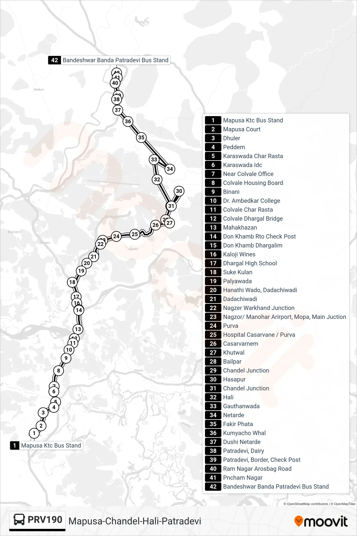PRV190 bus Line (Mapusa-Chandel-Hali-Patradevi) route and stops on a map