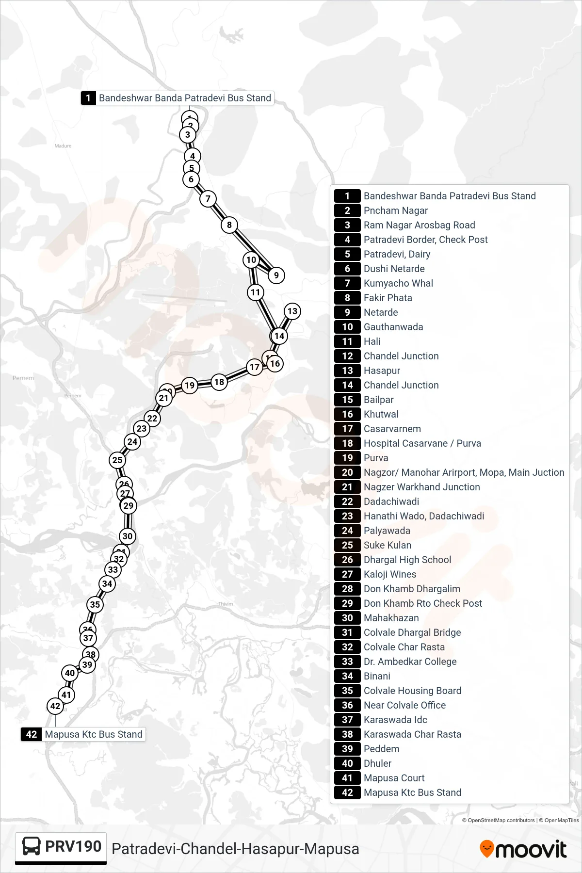 PRV190 bus Line (Patradevi-Chandel-Hasapur-Mapusa) route and stops on a map