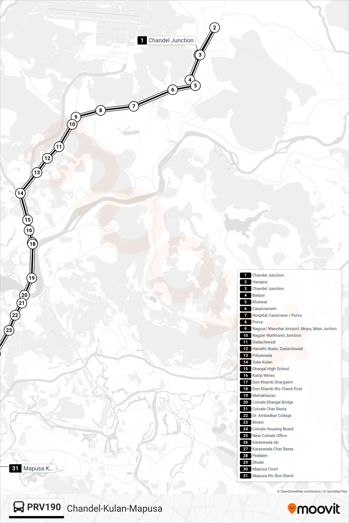 PRV190 bus Line (Chandel-Kulan-Mapusa) route and stops on a map