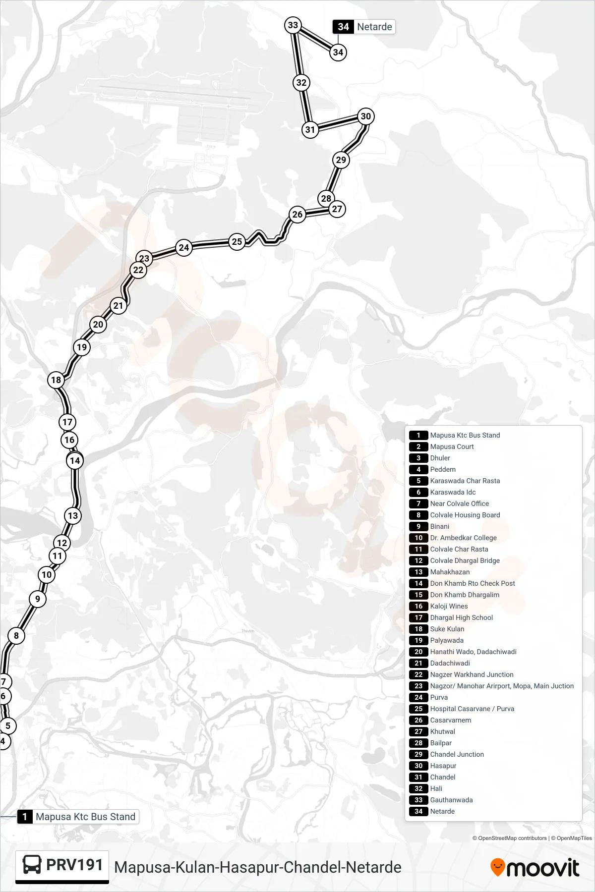 PRV191 bus Line (Mapusa-Kulan-Hasapur-Chandel-Netarde) route and stops on a map