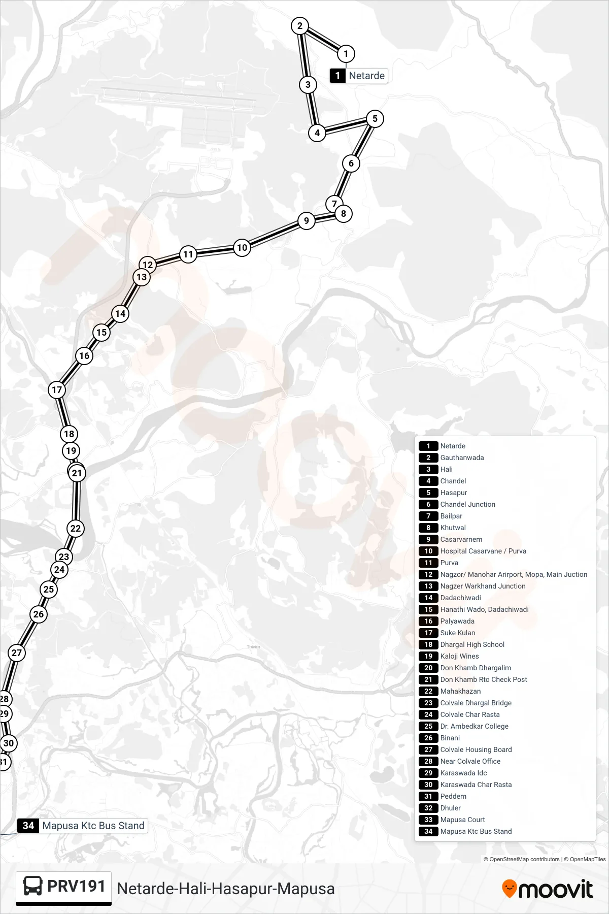 PRV191 bus Line (Netarde-Hali-Hasapur-Mapusa) route and stops on a map