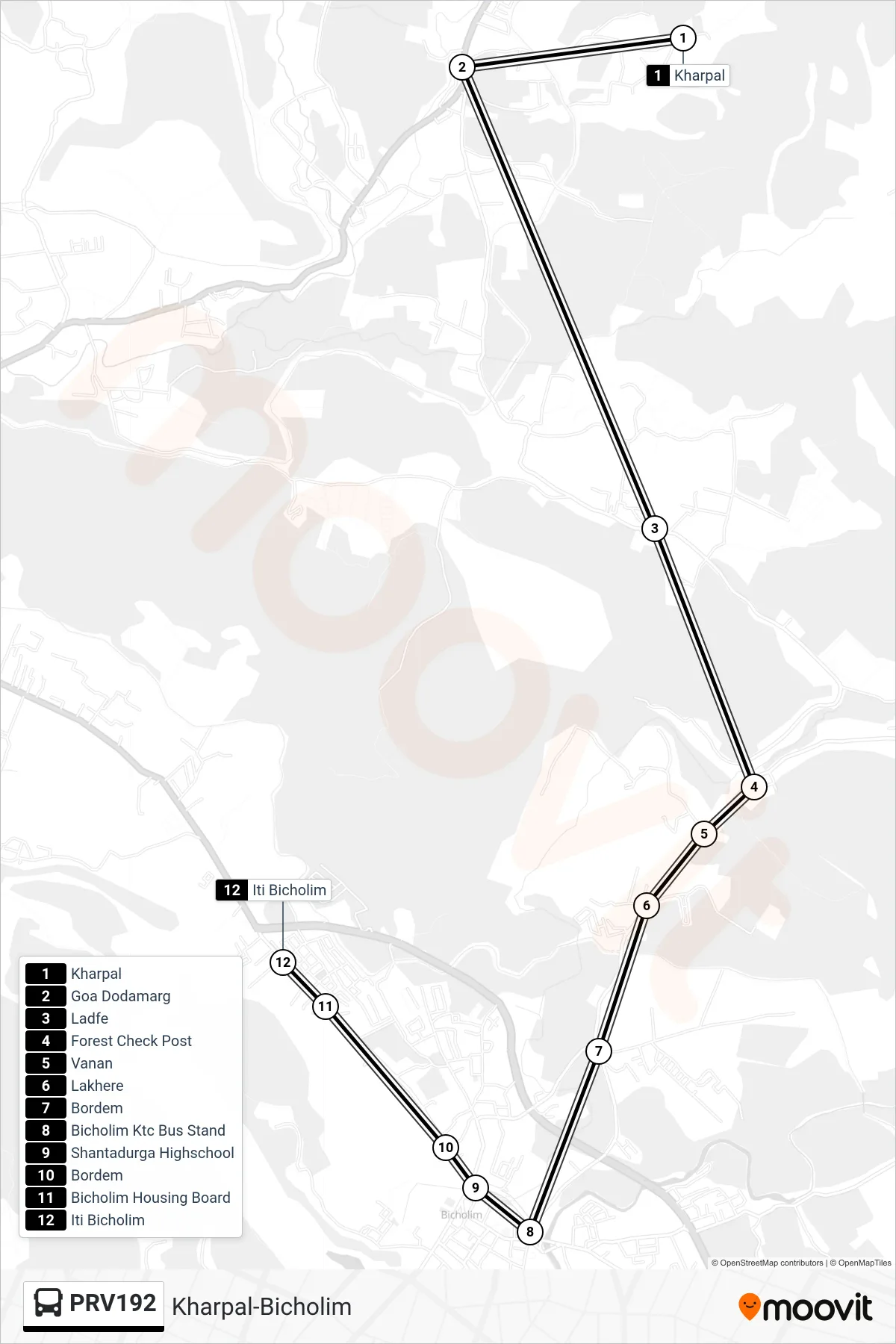 PRV192 bus Line (Kharpal-Bicholim) route and stops on a map