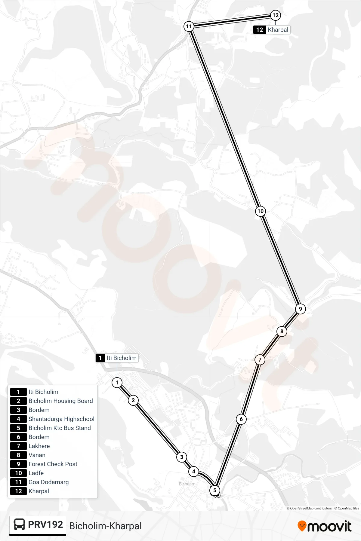 PRV192 bus Line (Bicholim-Kharpal) route and stops on a map