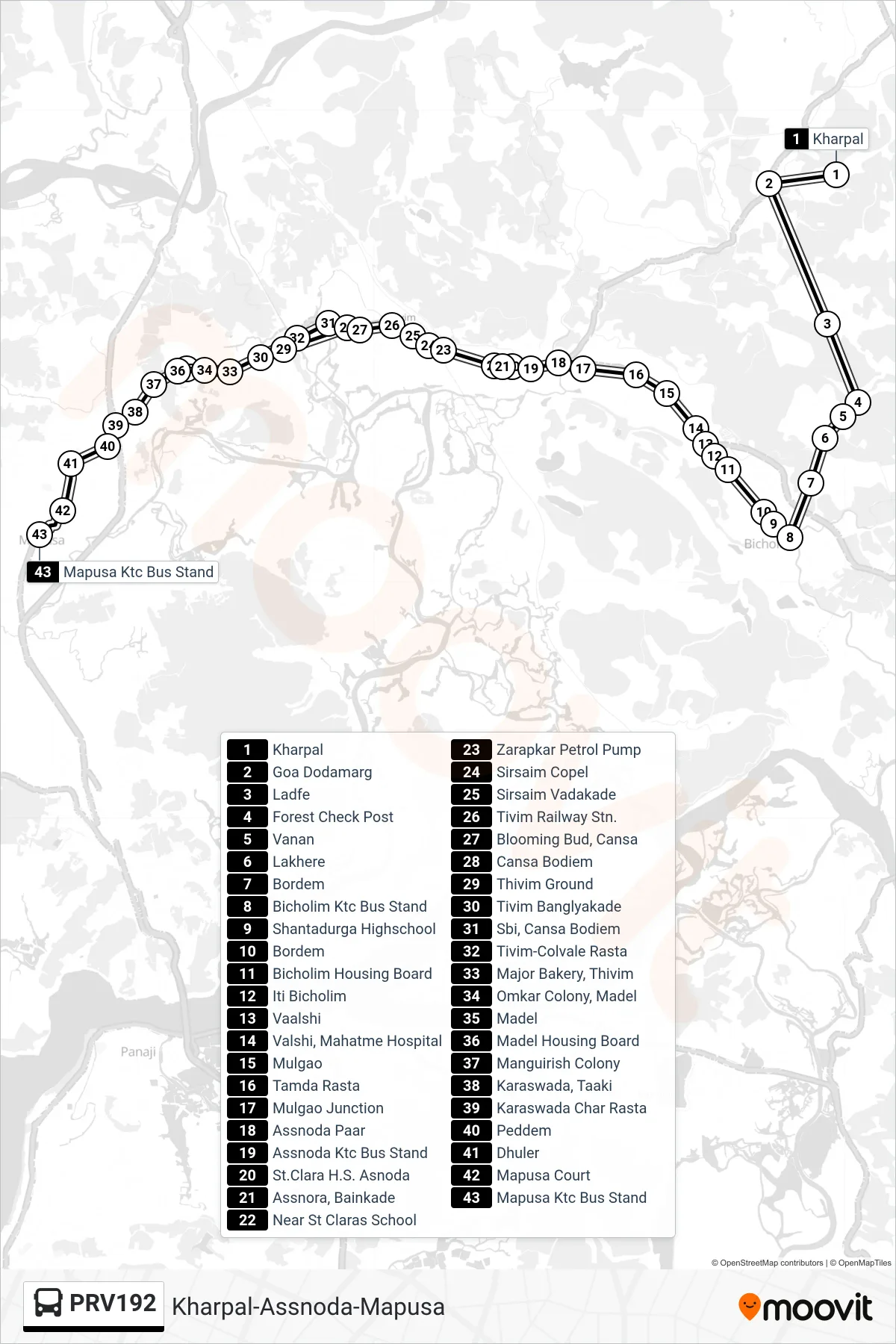 PRV192 bus Line (Kharpal-Assnoda-Mapusa) route and stops on a map