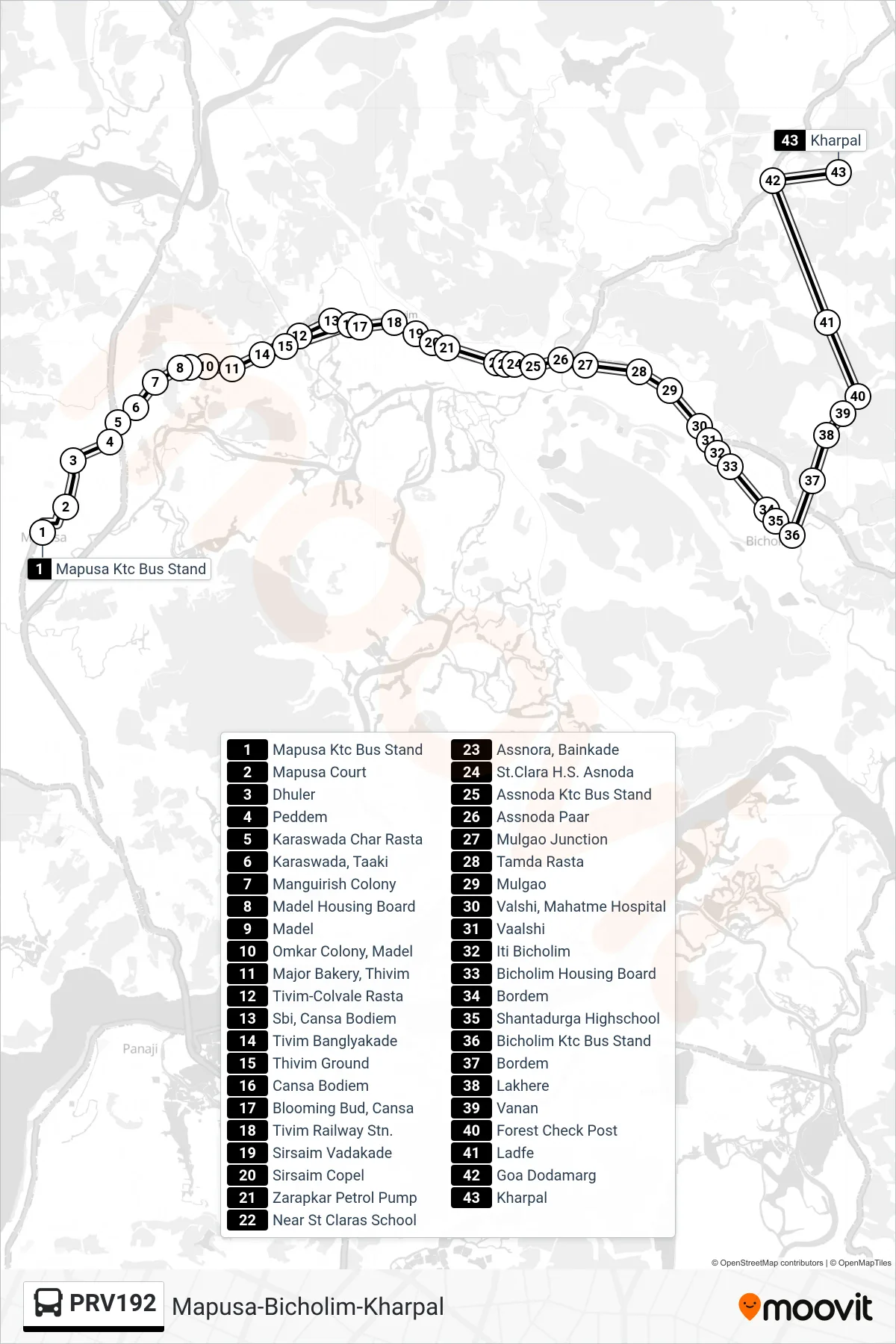 PRV192 bus Line (Mapusa-Bicholim-Kharpal) route and stops on a map