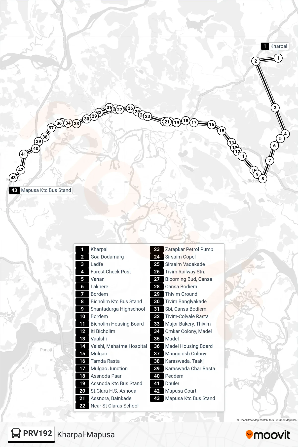 PRV192 bus Line (Kharpal-Mapusa) route and stops on a map