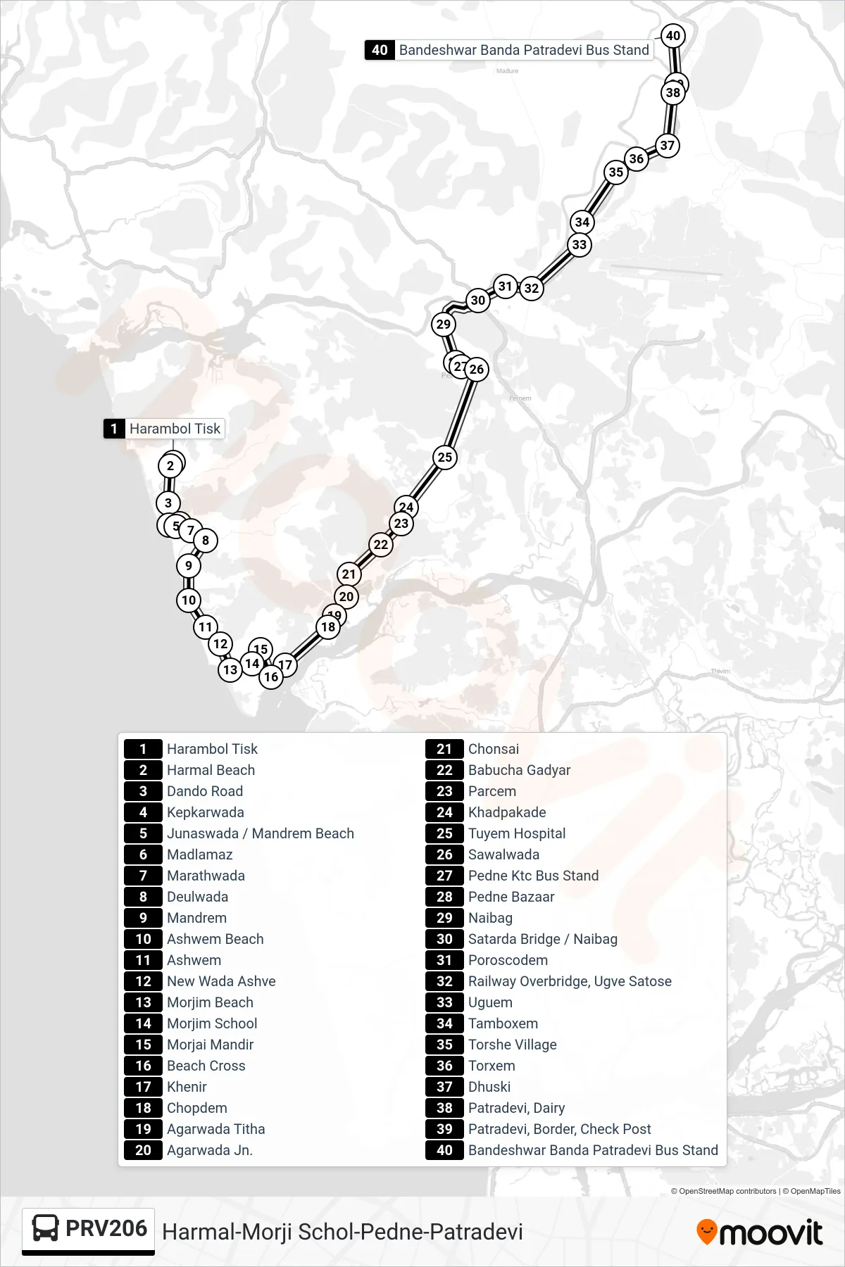 PRV206 bus Line (Harmal-Morji Schol-Pedne-Patradevi) route and stops on a map