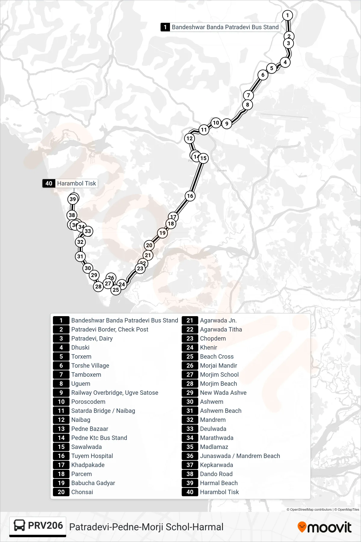 PRV206 bus Line (Patradevi-Pedne-Morji Schol-Harmal) route and stops on a map
