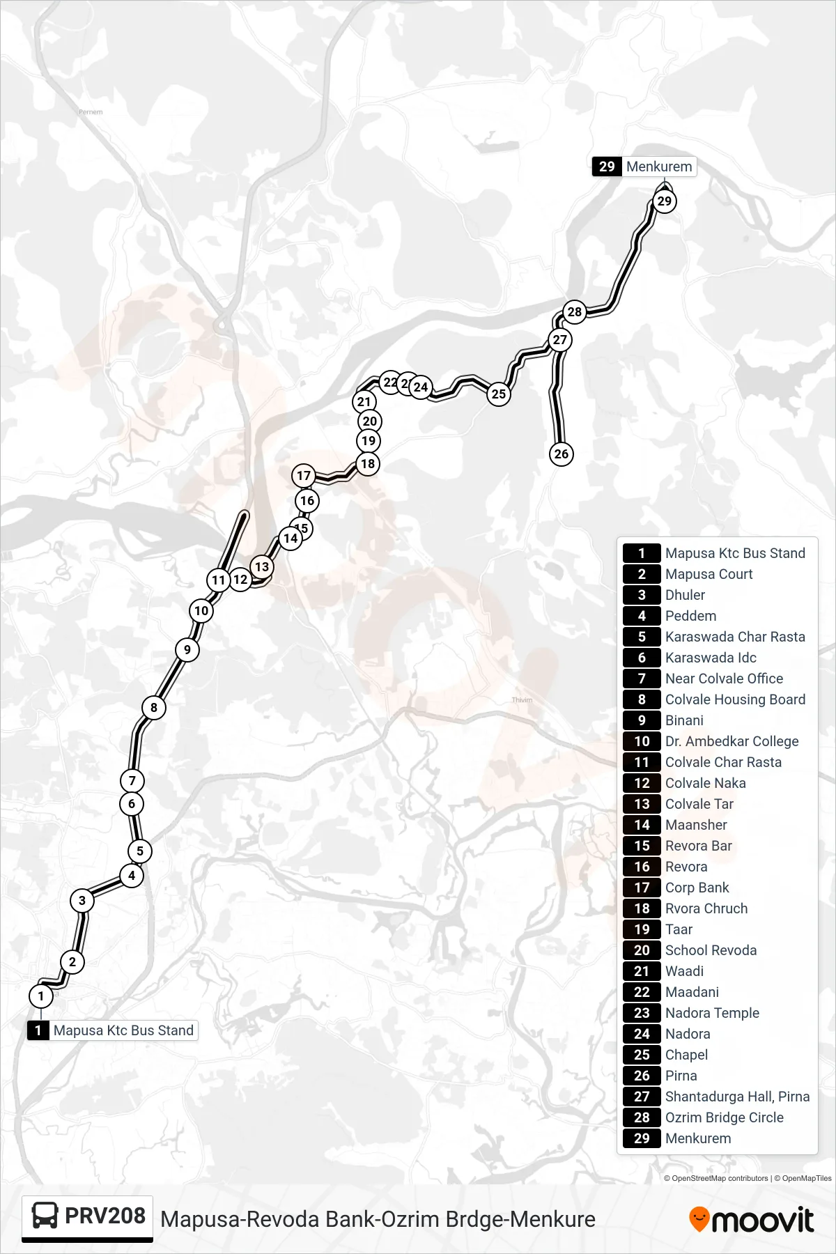 PRV208 bus Line (Mapusa-Revoda Bank-Ozrim Brdge-Menkure) route and stops on a map