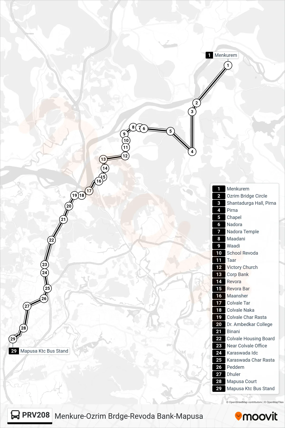 PRV208 bus Line (Menkure-Ozrim Brdge-Revoda Bank-Mapusa) route and stops on a map