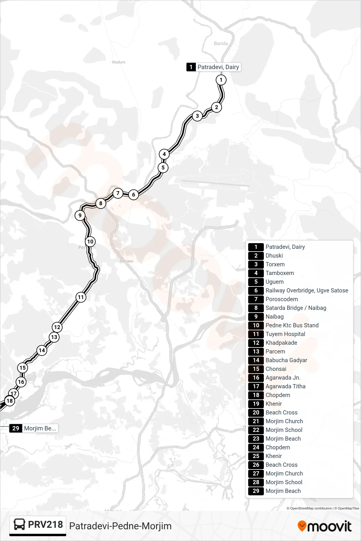 PRV218 bus Line (Patradevi-Pedne-Morjim) route and stops on a map