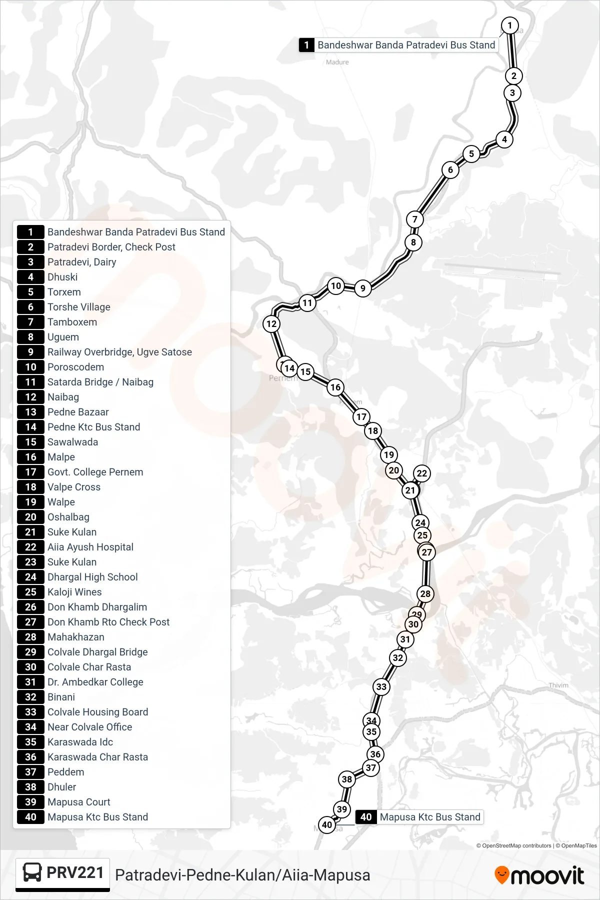 PRV221 bus Line (Patradevi-Pedne-Kulan/Aiia-Mapusa) route and stops on a map