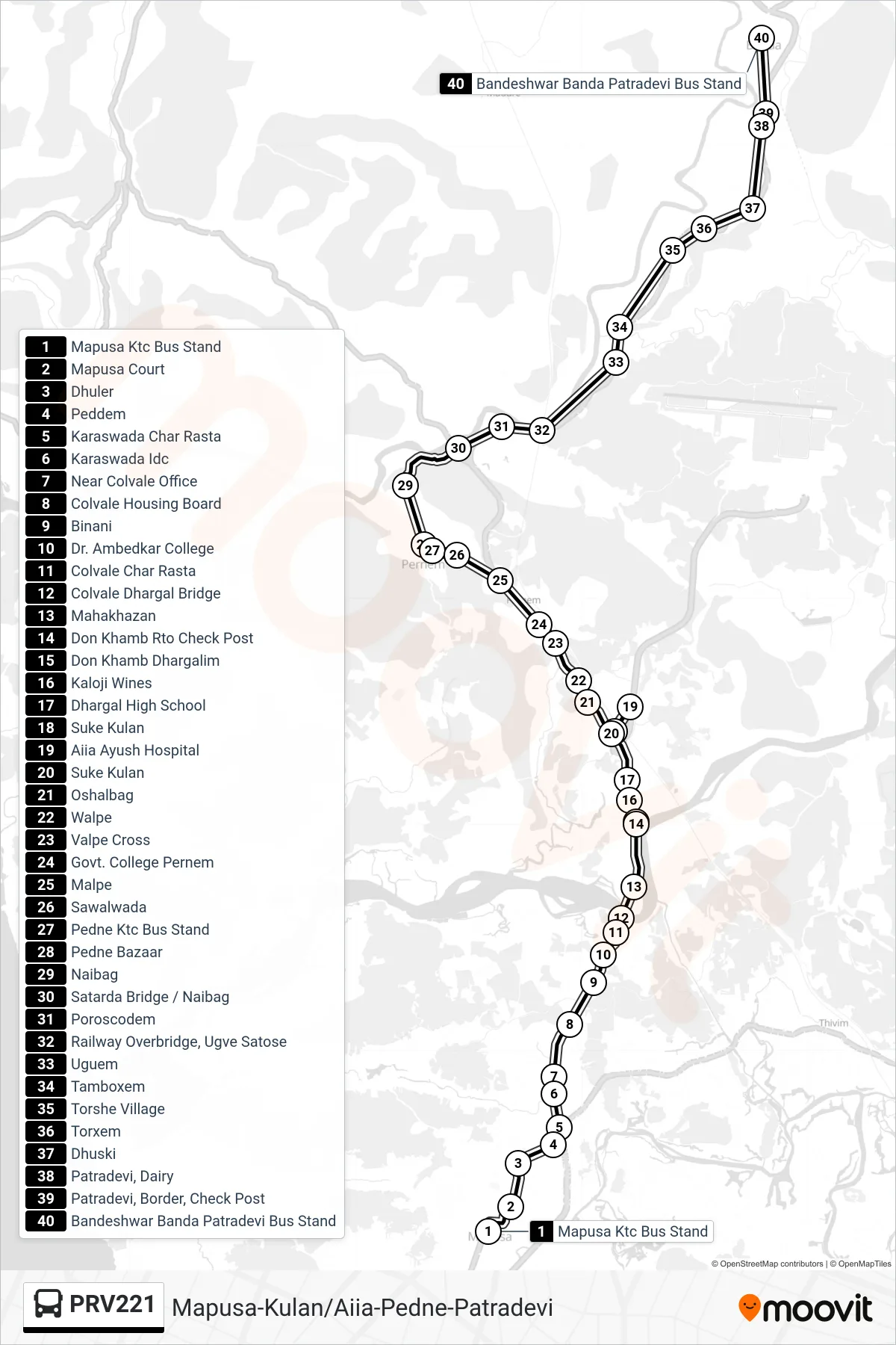 PRV221 bus Line (Mapusa-Kulan/Aiia-Pedne-Patradevi) route and stops on a map