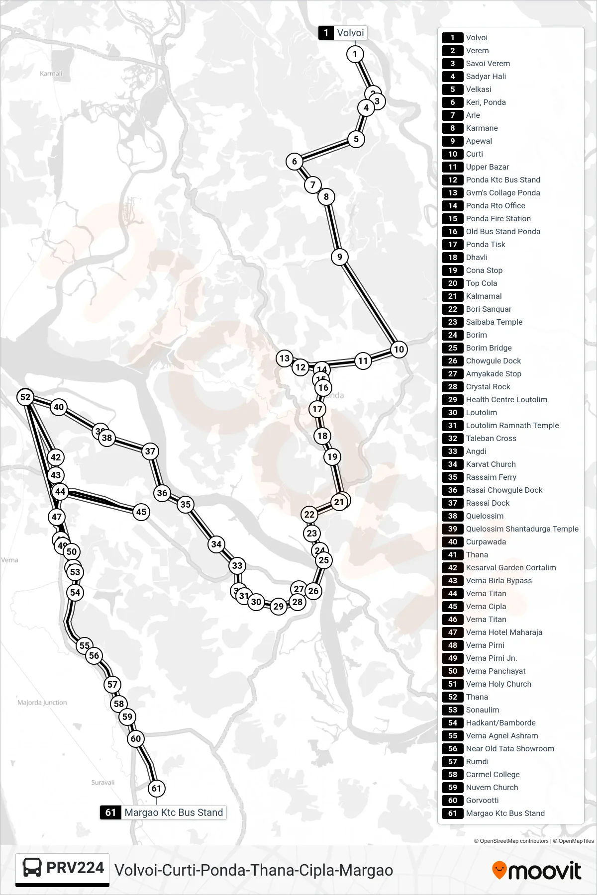 PRV224 bus Line (Volvoi-Curti-Ponda-Thana-Cipla-Margao) route and stops on a map