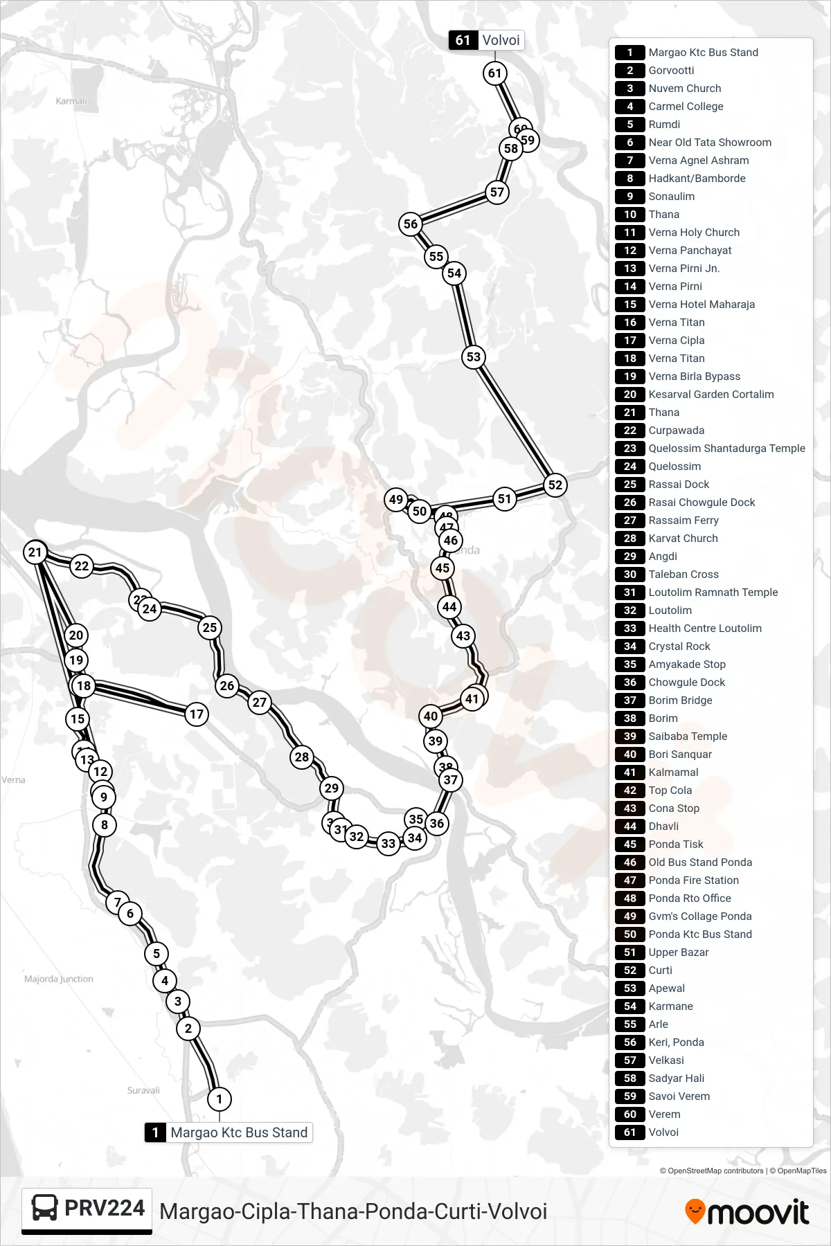 PRV224 bus Line (Margao-Cipla-Thana-Ponda-Curti-Volvoi) route and stops on a map