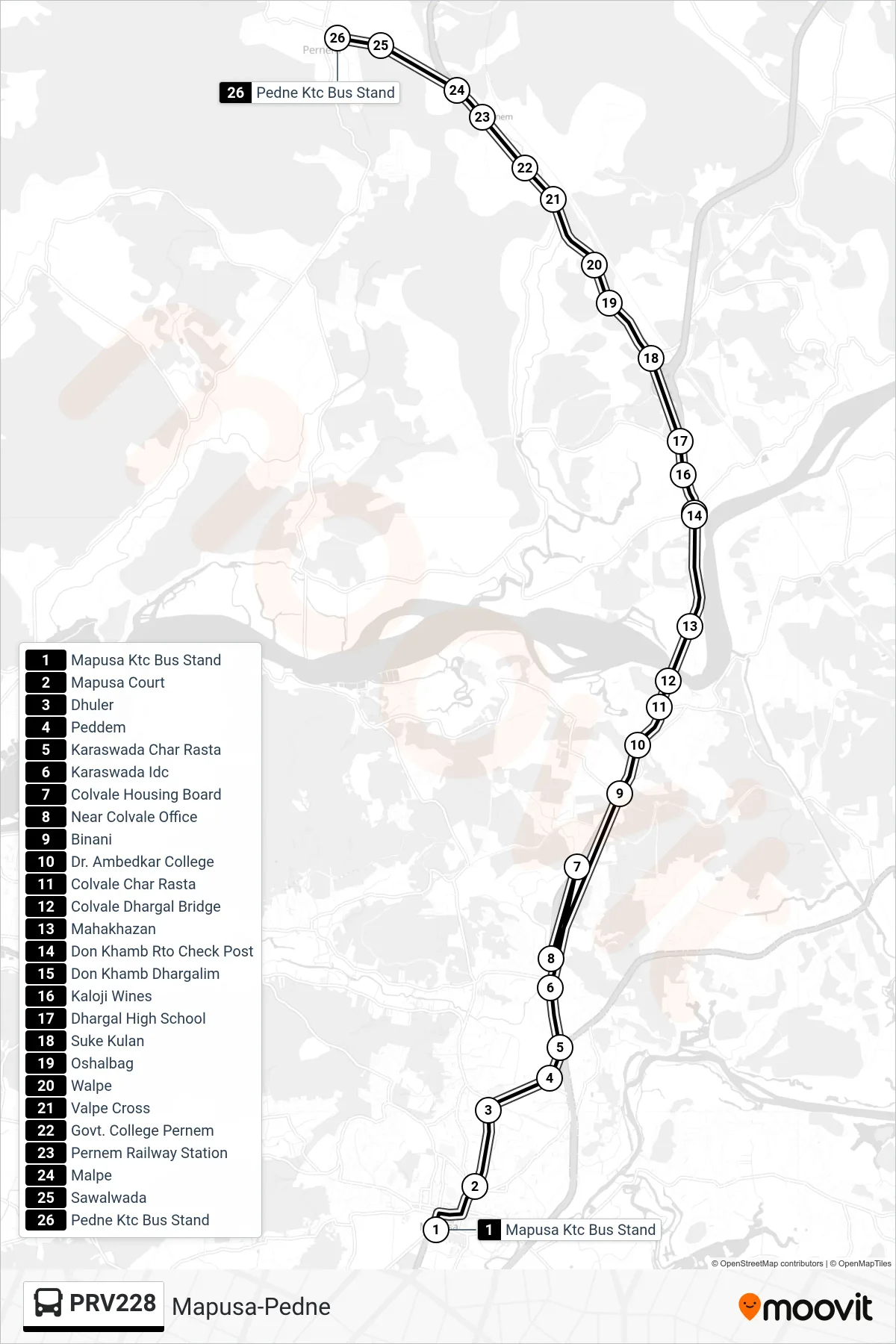 PRV228 bus Line (Mapusa-Pedne) route and stops on a map