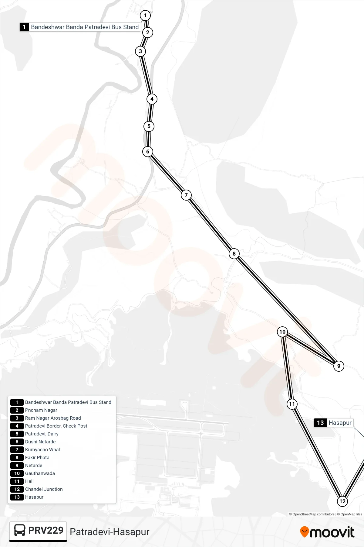 PRV229 bus Line (Patradevi-Hasapur) route and stops on a map