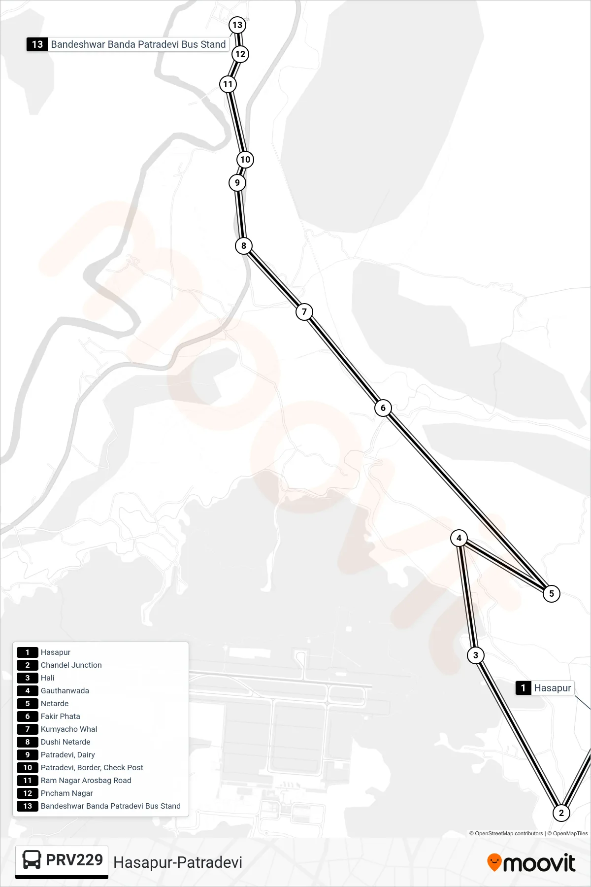 PRV229 bus Line (Hasapur-Patradevi) route and stops on a map