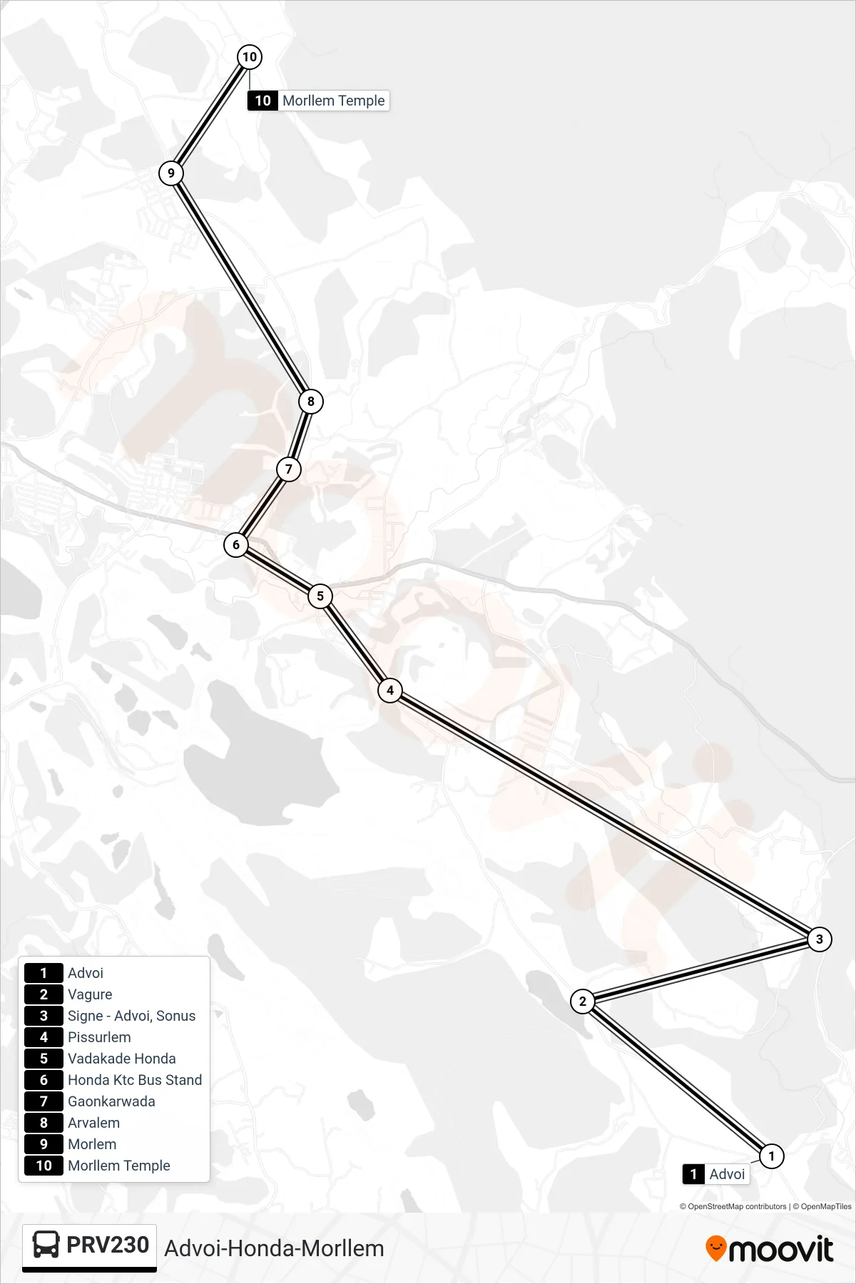 PRV230 bus Line (Advoi-Honda-Morllem) route and stops on a map