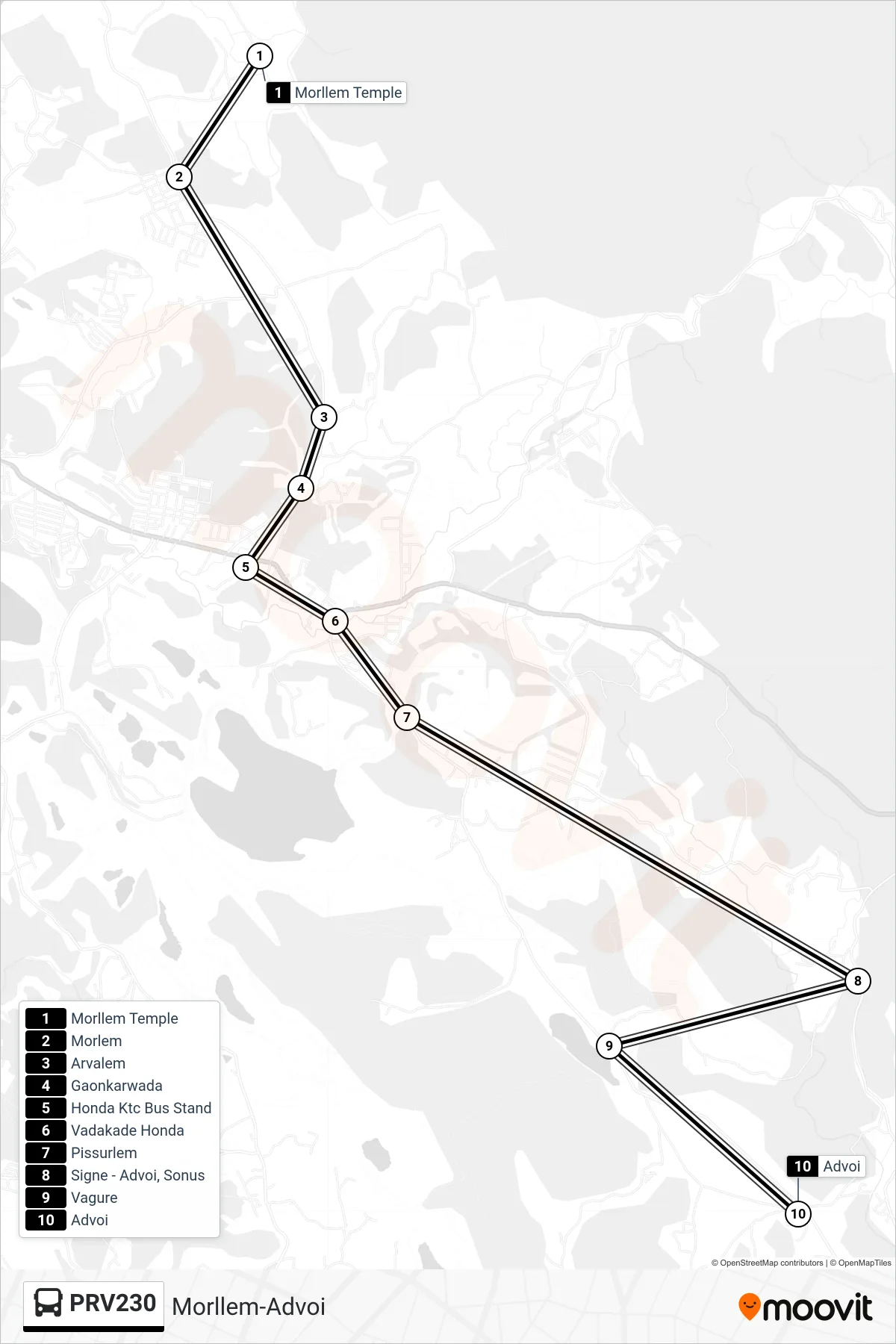 PRV230 bus Line (Morllem-Advoi) route and stops on a map