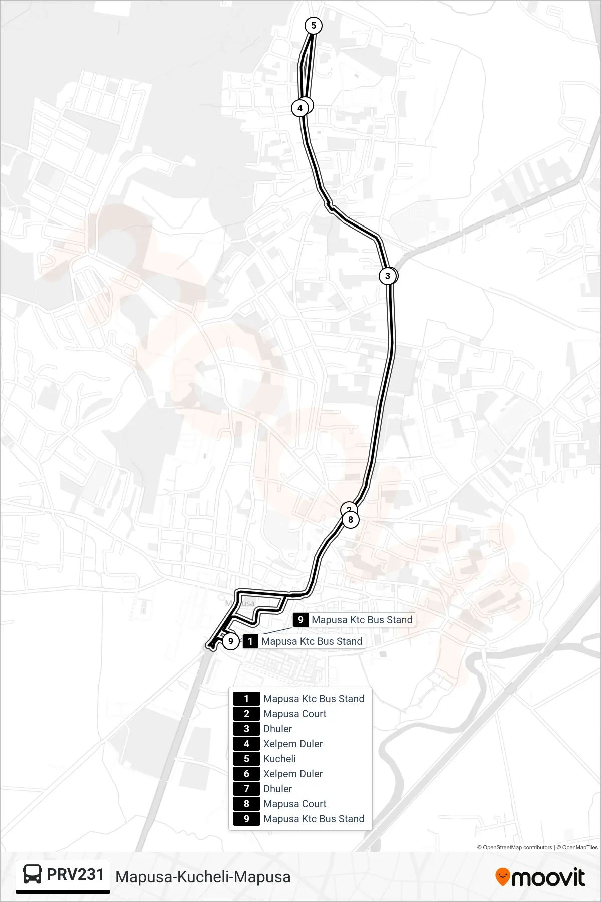 PRV231 bus Line (Mapusa-Kucheli-Mapusa) route and stops on a map