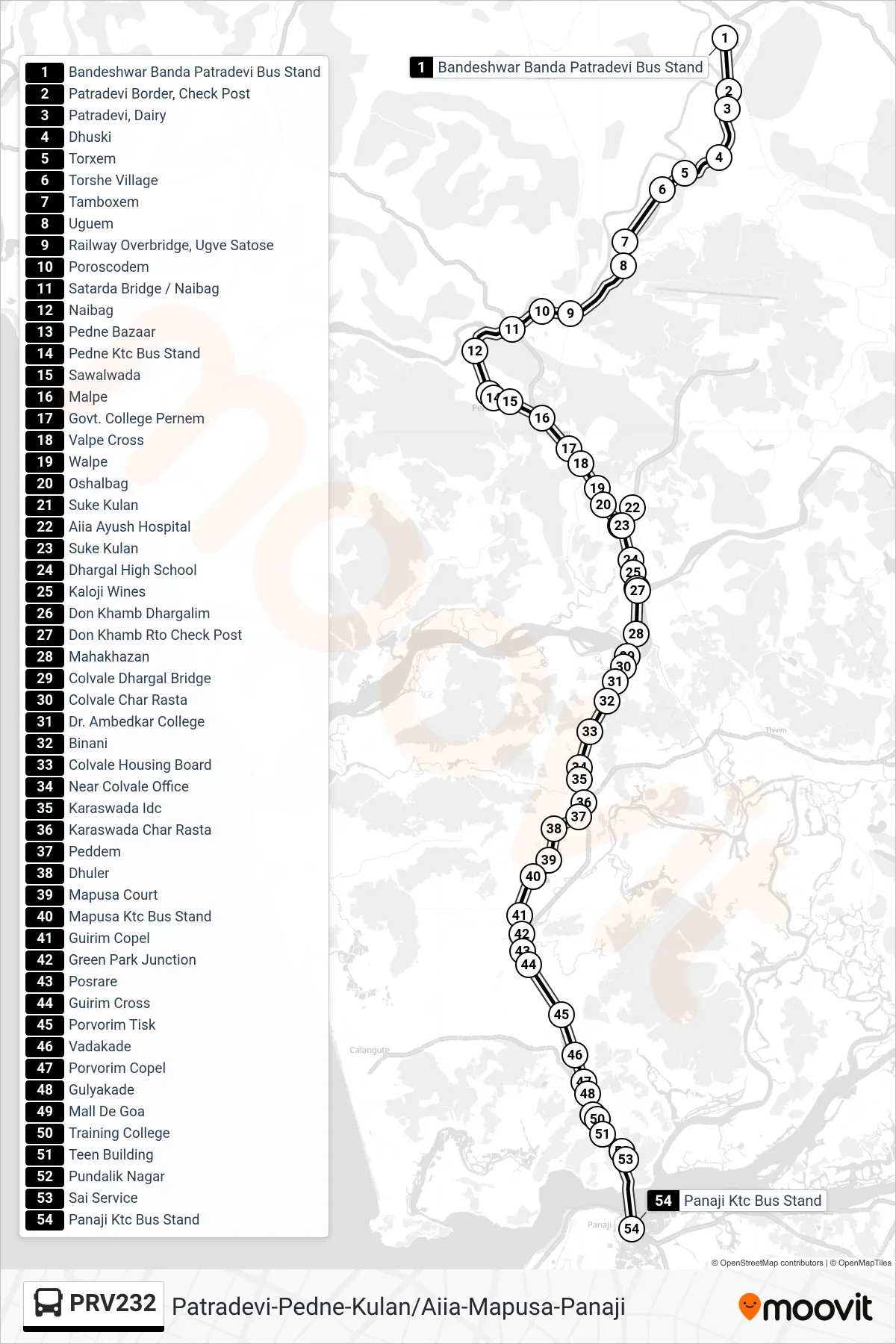PRV232 bus Line (Patradevi-Pedne-Kulan/Aiia-Mapusa-Panaji) route and stops on a map