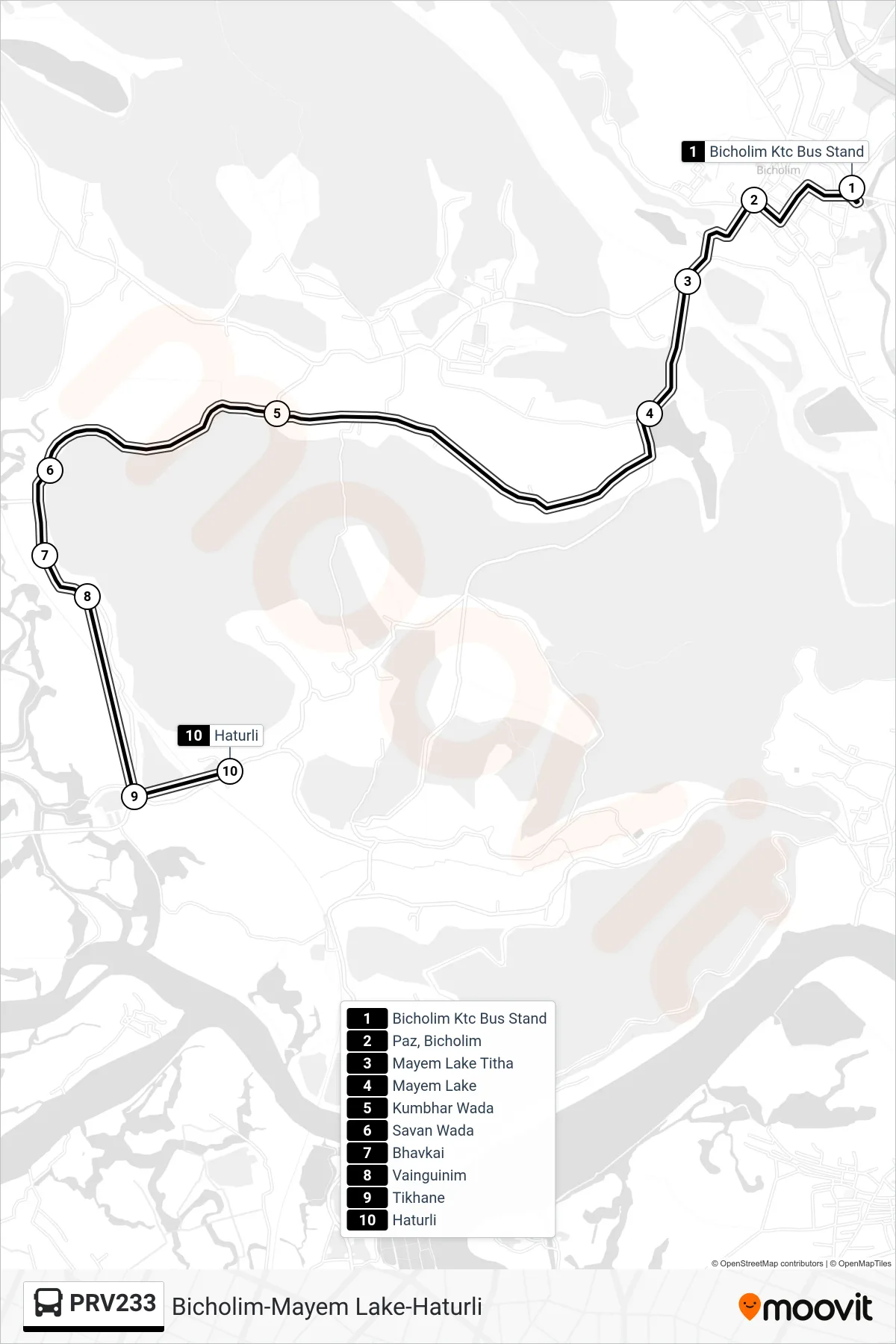 PRV233 bus Line (Bicholim-Mayem Lake-Haturli) route and stops on a map