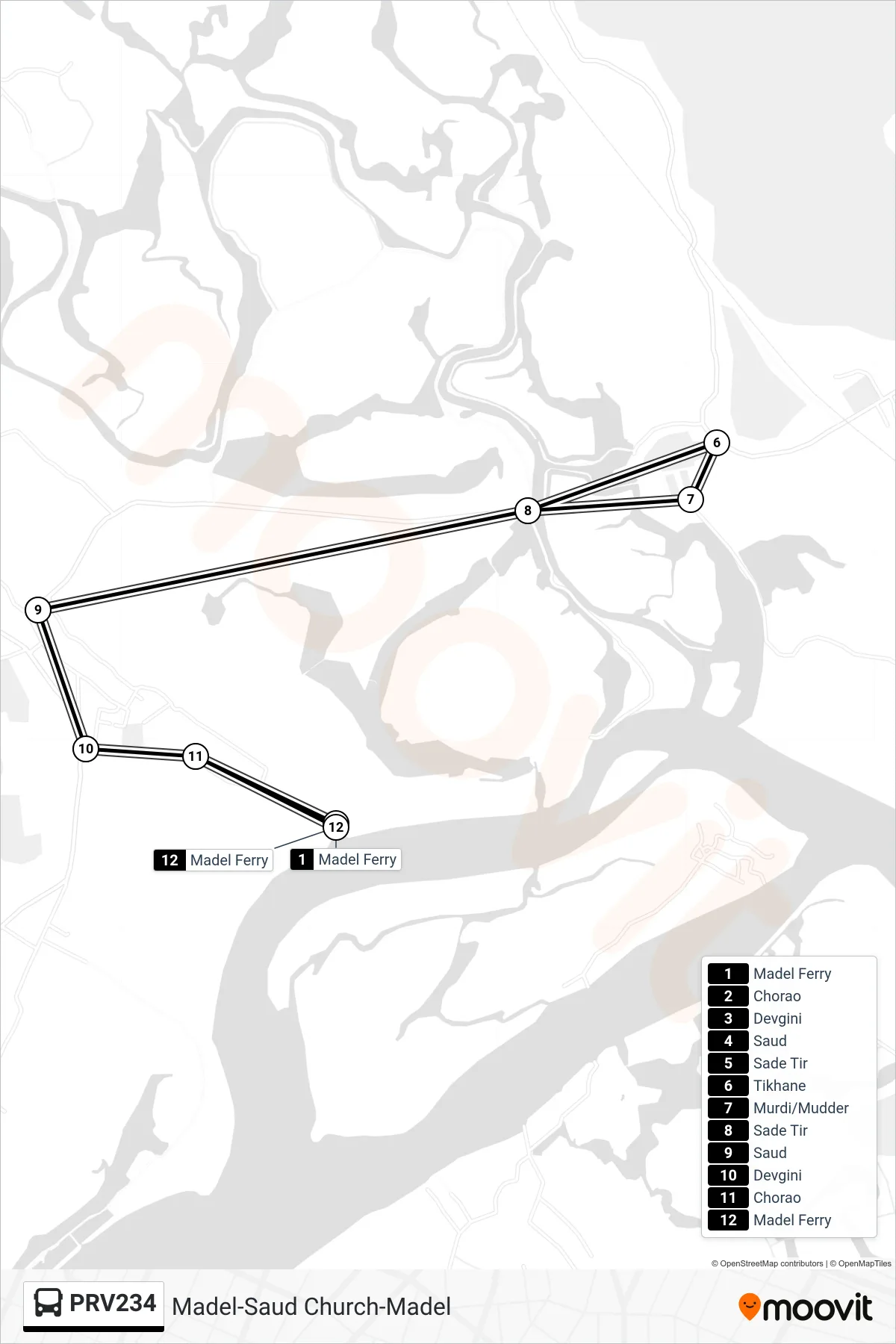 PRV234 bus Line (Madel-Saud Church-Madel) route and stops on a map