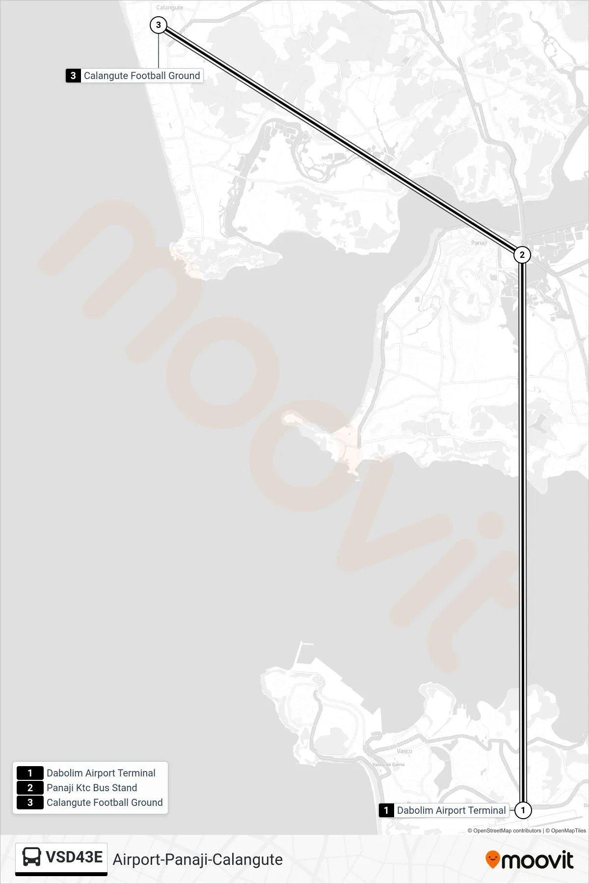 VSD43E bus Line (Airport-Panaji-Calangute) route and stops on a map