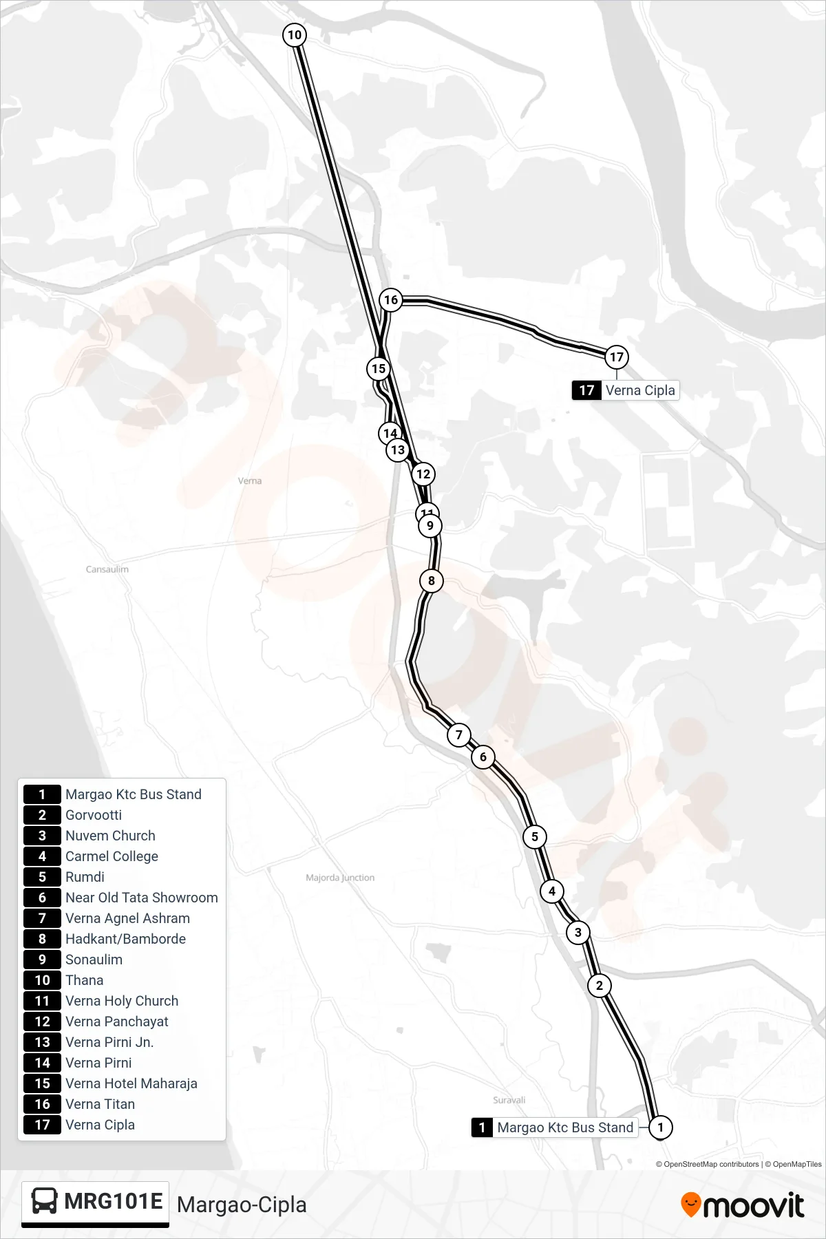 MRG101E bus Line (Margao-Cipla) route and stops on a map