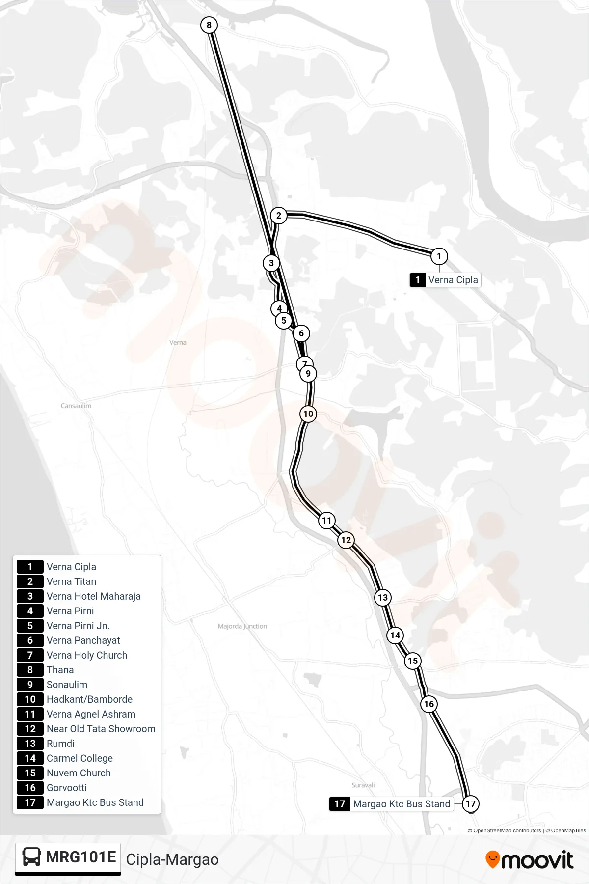 MRG101E bus Line (Cipla-Margao) route and stops on a map
