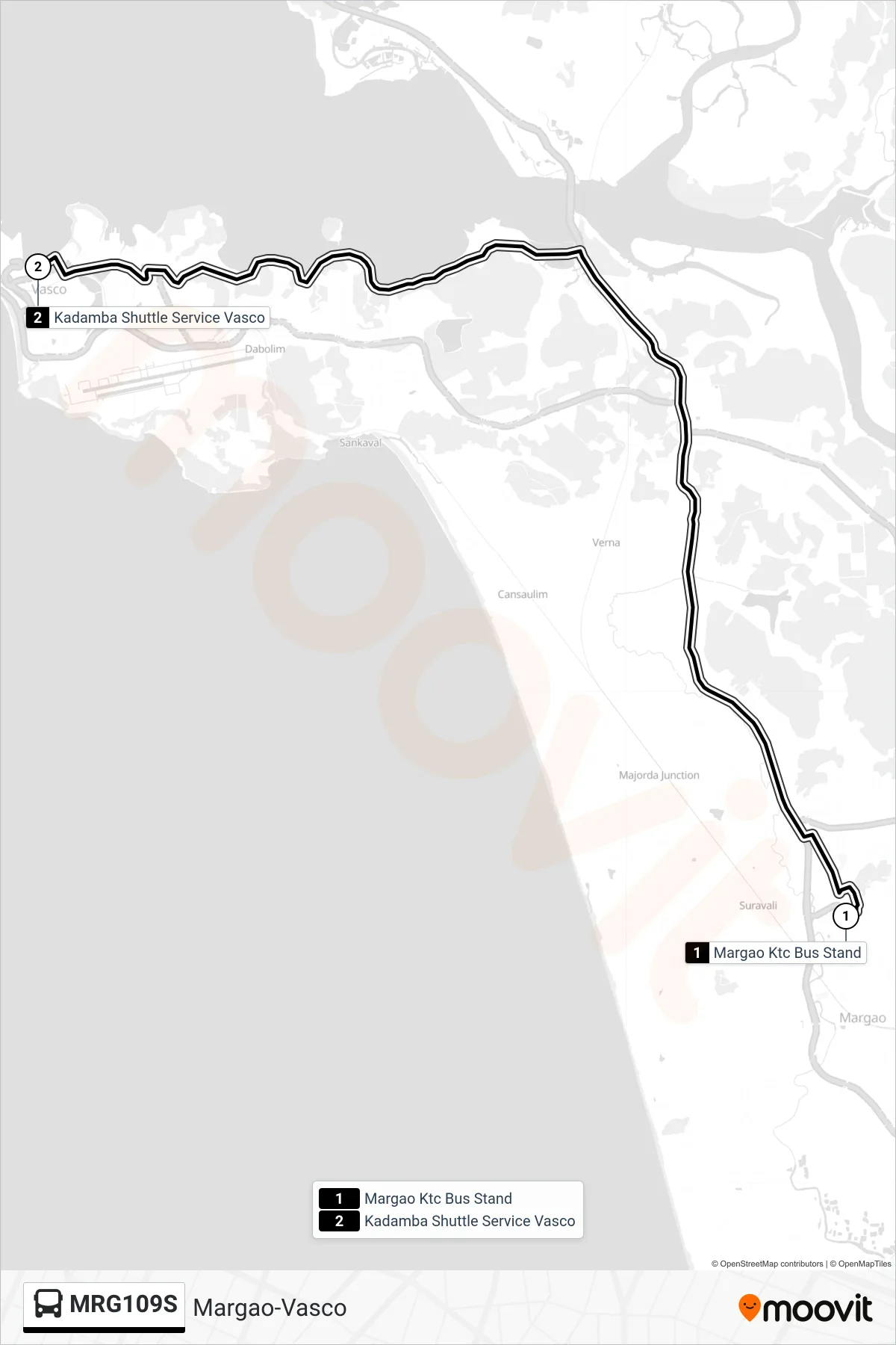 MRG109S bus Line (Margao-Vasco) route and stops on a map