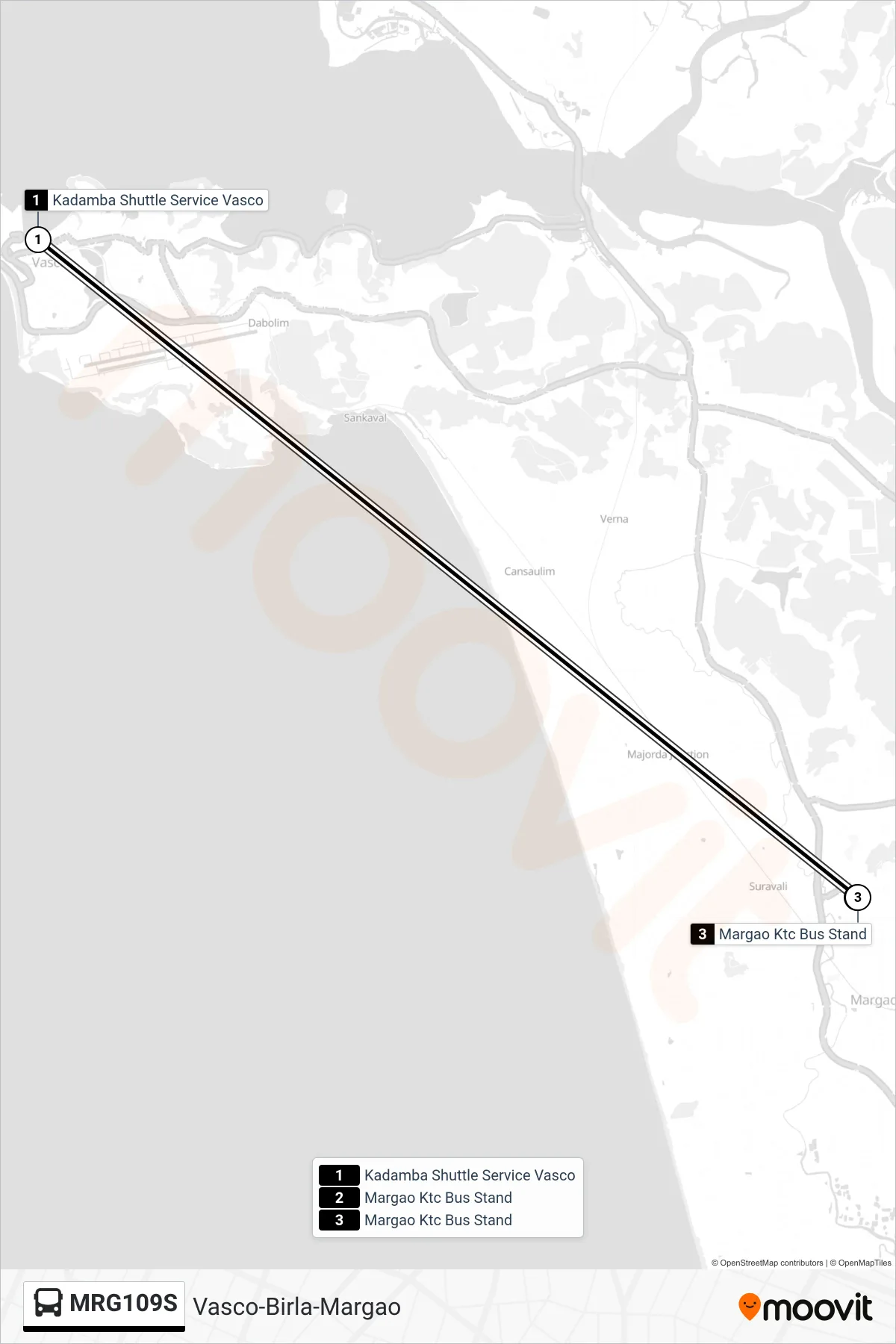 MRG109S bus Line (Vasco-Birla-Margao) route and stops on a map
