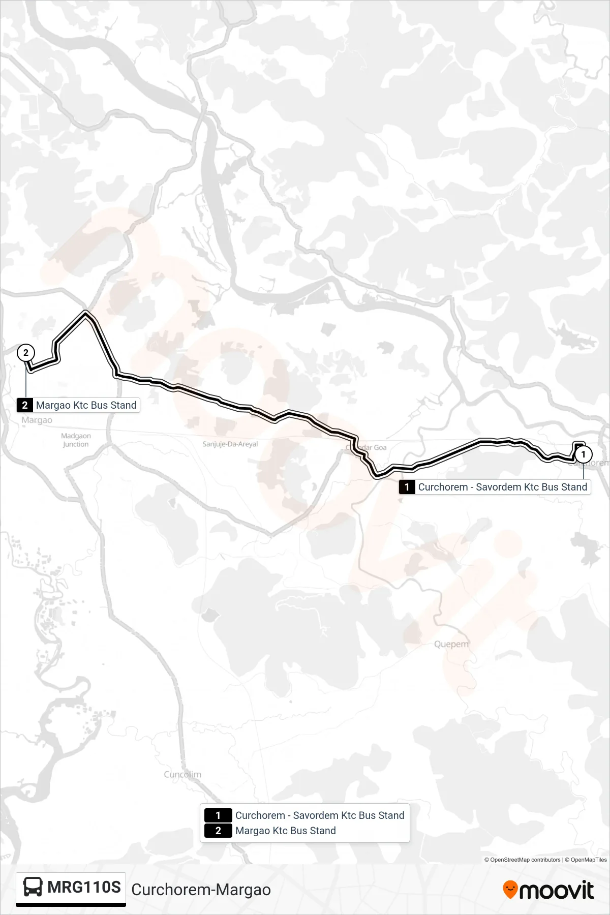 MRG110S bus Line (Curchorem-Margao) route and stops on a map