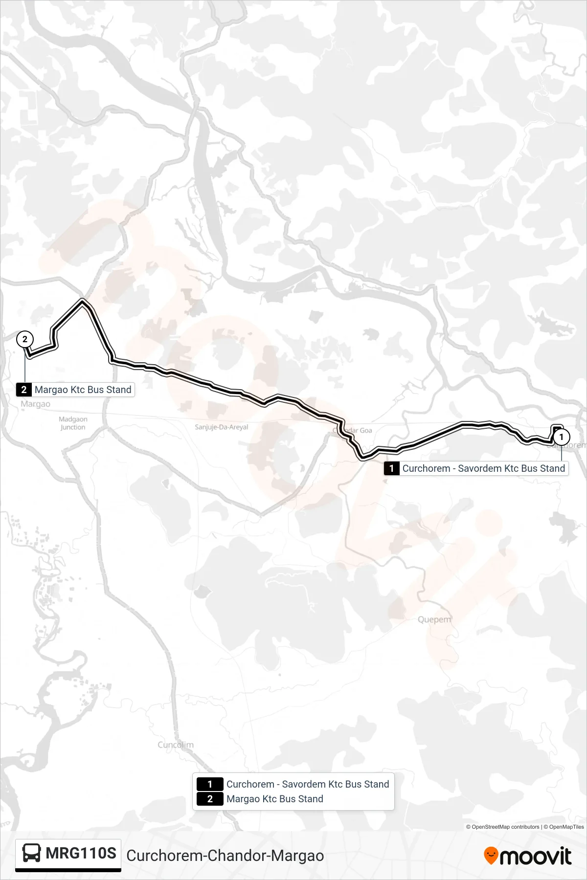 MRG110S bus Line (Curchorem-Chandor-Margao) route and stops on a map